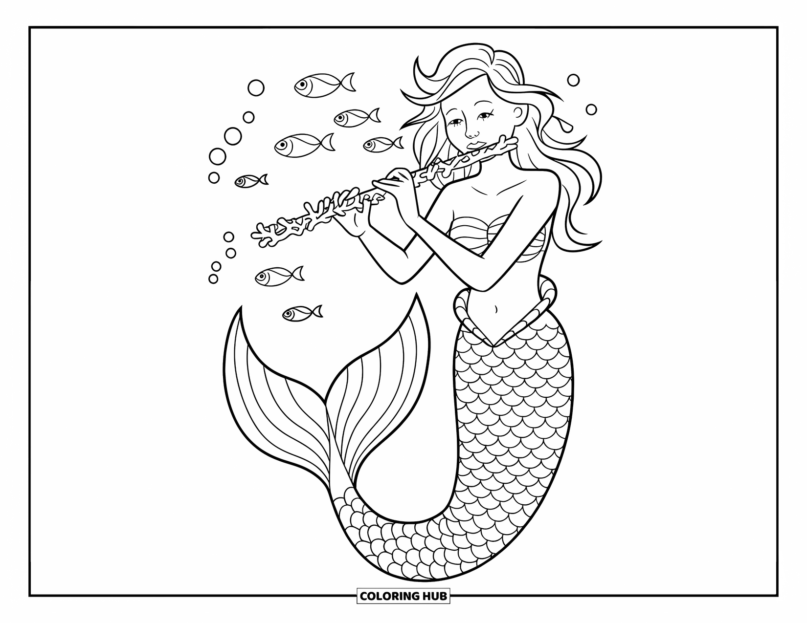 Mermaid Coloring Page for Kids: A mermaid plays a coral flute, with tiny fish joyfully dancing to her underwater melody