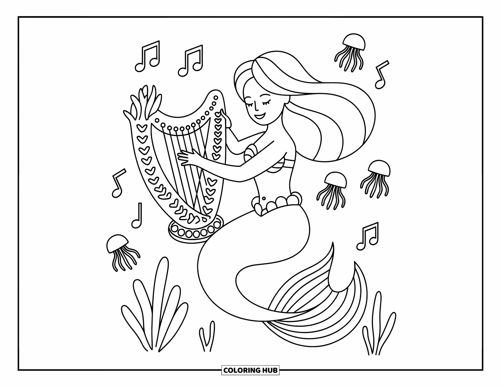 Mermaid Coloring Page for Kids: A mermaid plays a harp made of coral, filling the water with soft, drifting melodies