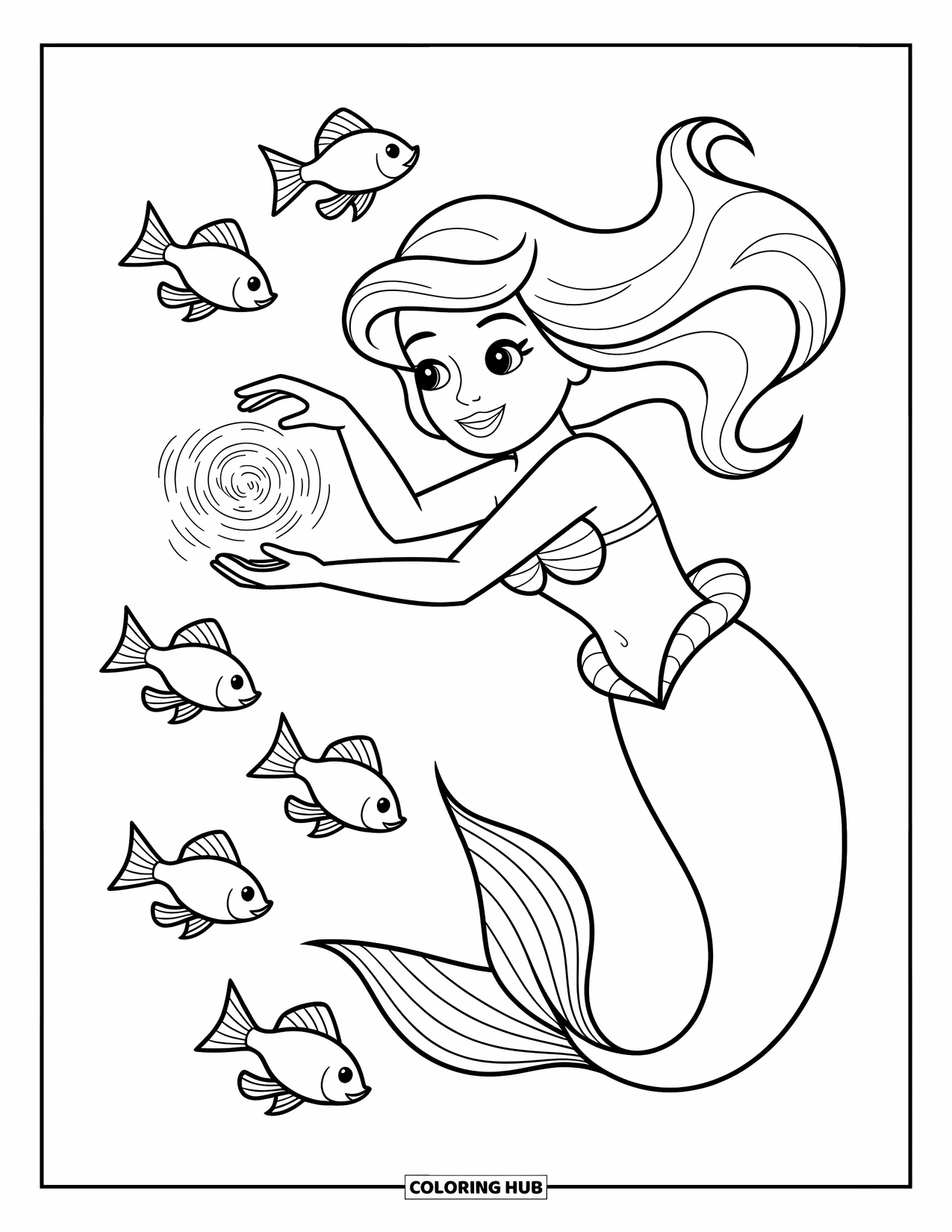 Mermaid Coloring Page for Kids: A mermaid practices magic, forming a swirling whirlpool as fish swim around her