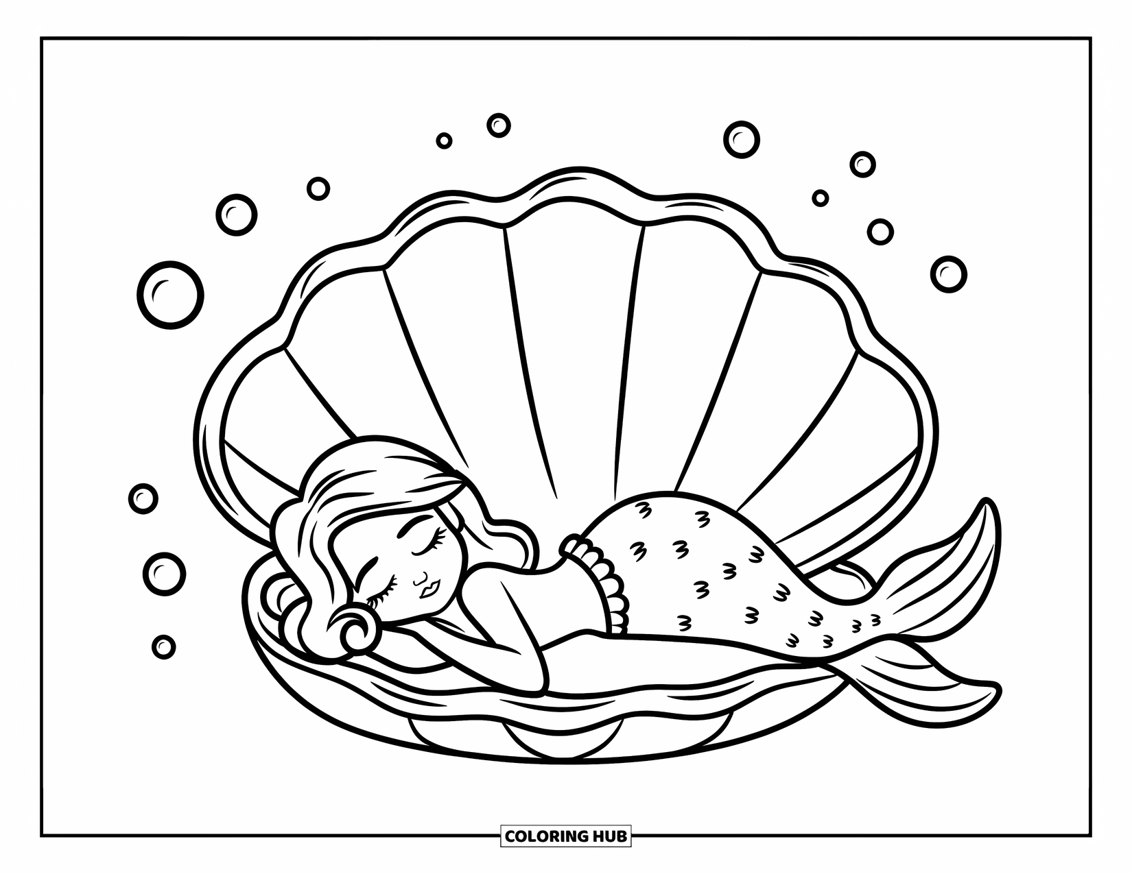 Mermaid Coloring Page for Kids: A mermaid rests inside a seashell bed, surrounded by soft bubbles in a quiet sea
