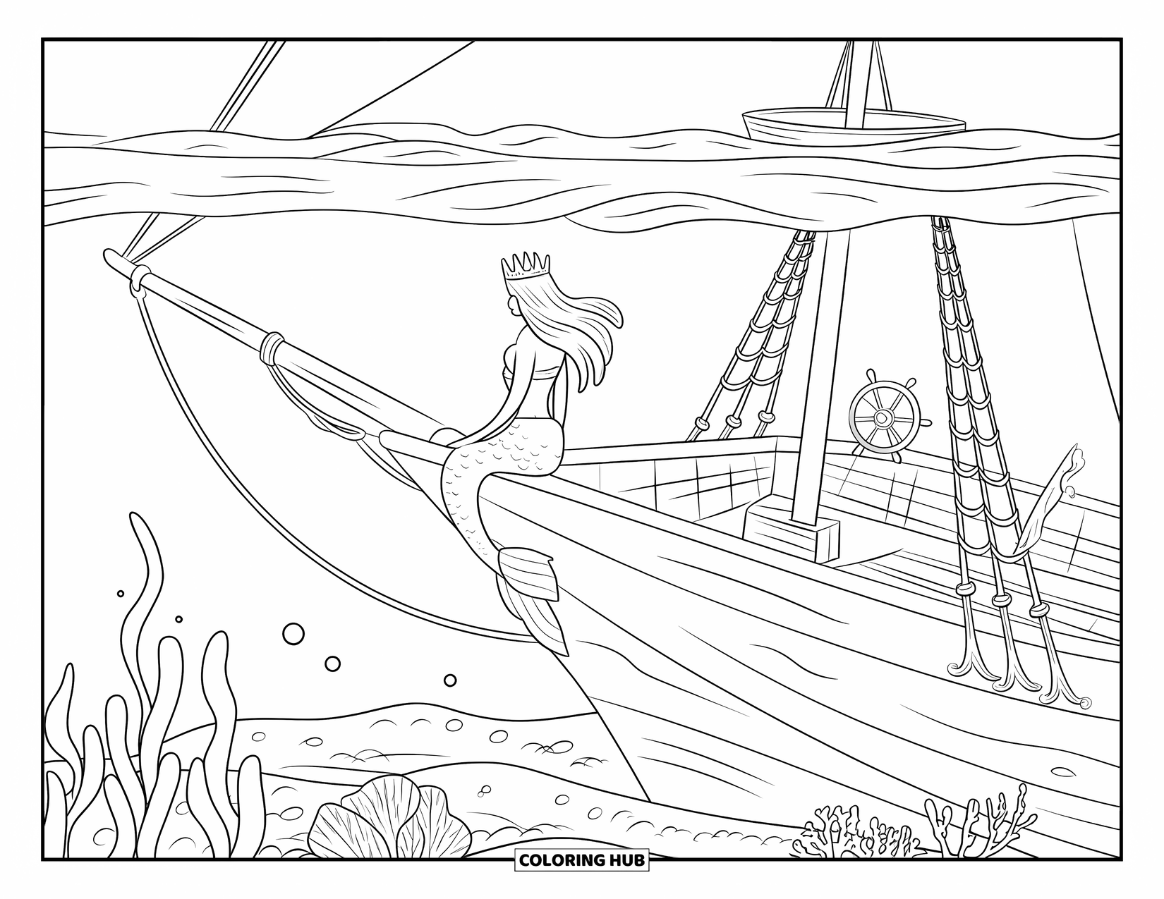 Mermaid Coloring Page for Kids: A mermaid sits atop a shipwreck, surrounded by seaweed and drifting marine life