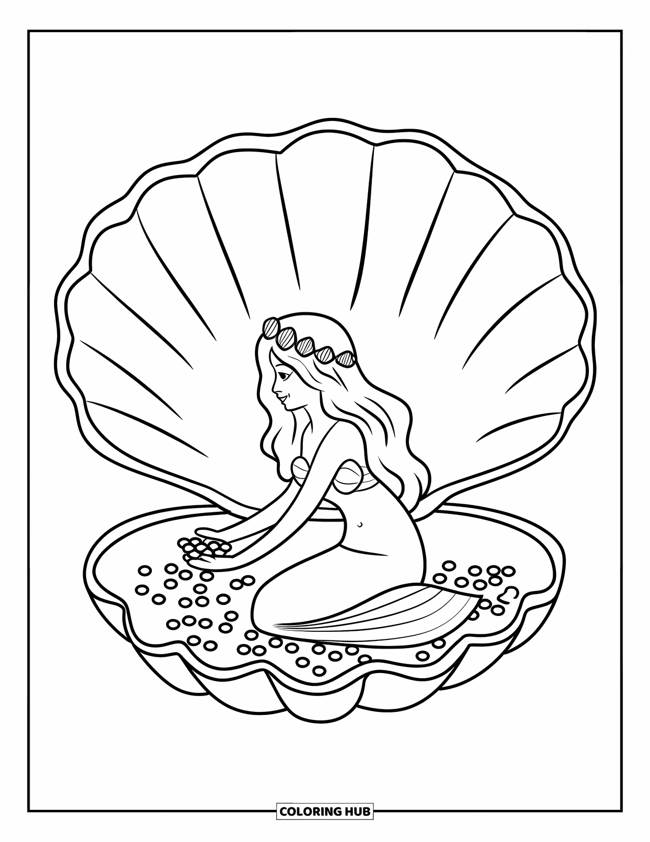 Mermaid Coloring Page for Kids: A mermaid sits inside a seashell, delicately arranging pearls with a serene ocean backdrop