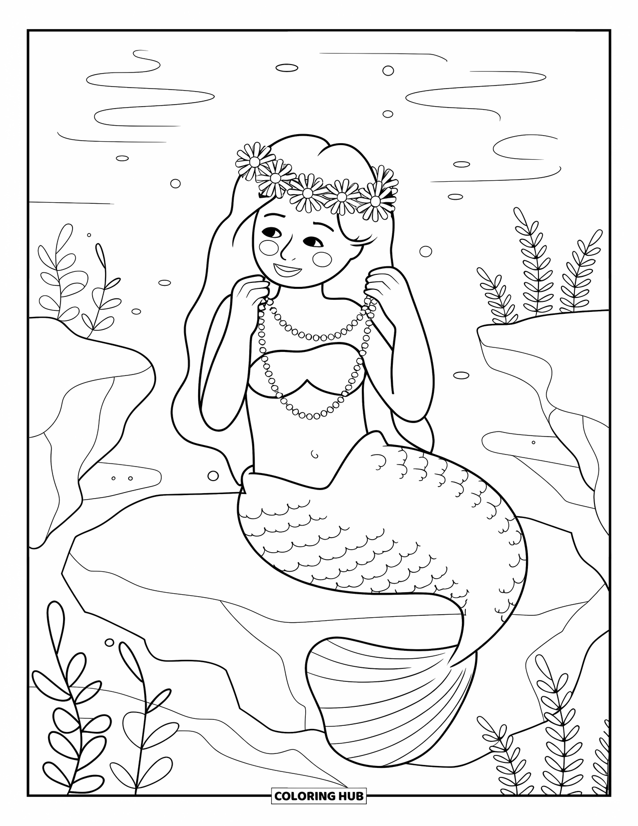 Mermaid Coloring Page for Kids: A mermaid sits on a rock, her pearl necklace shimmering as water ripples around her