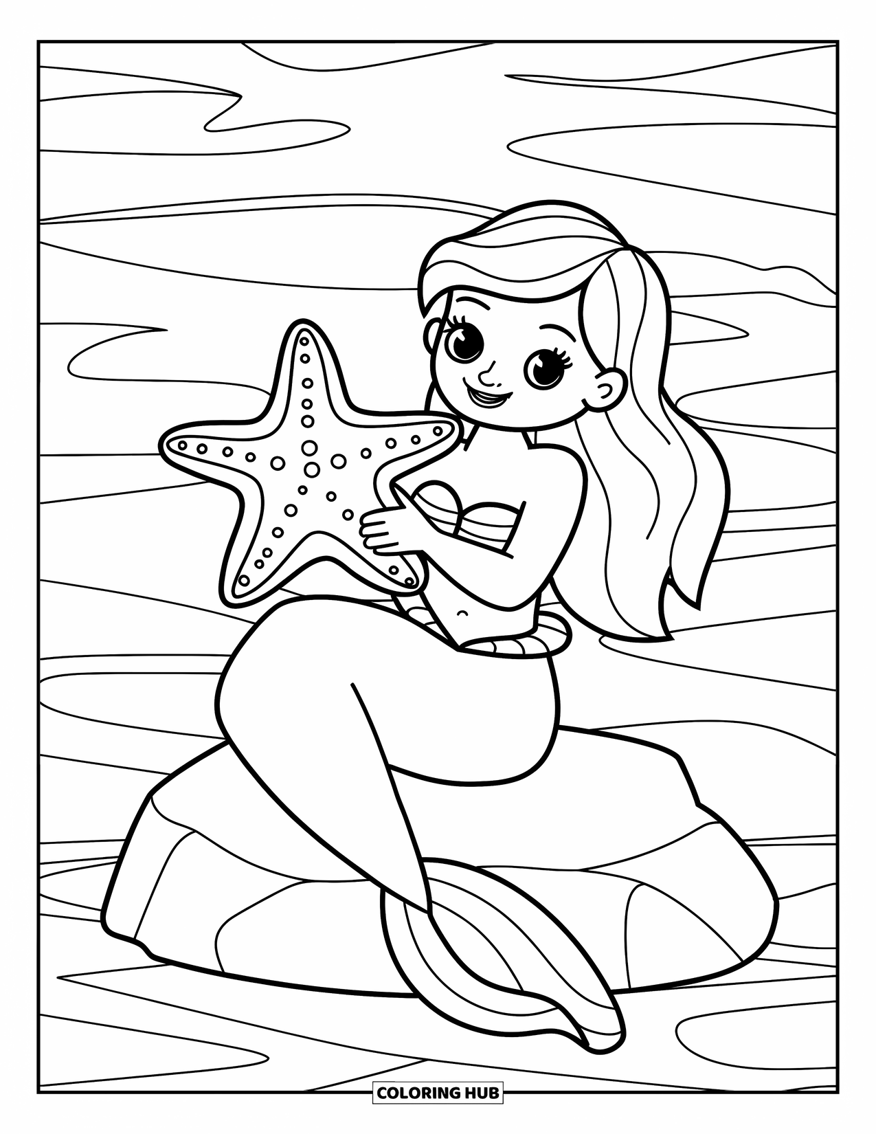 Mermaid Coloring Page for Kids: A mermaid sits on a rock, holding a large starfish as waves ripple around her