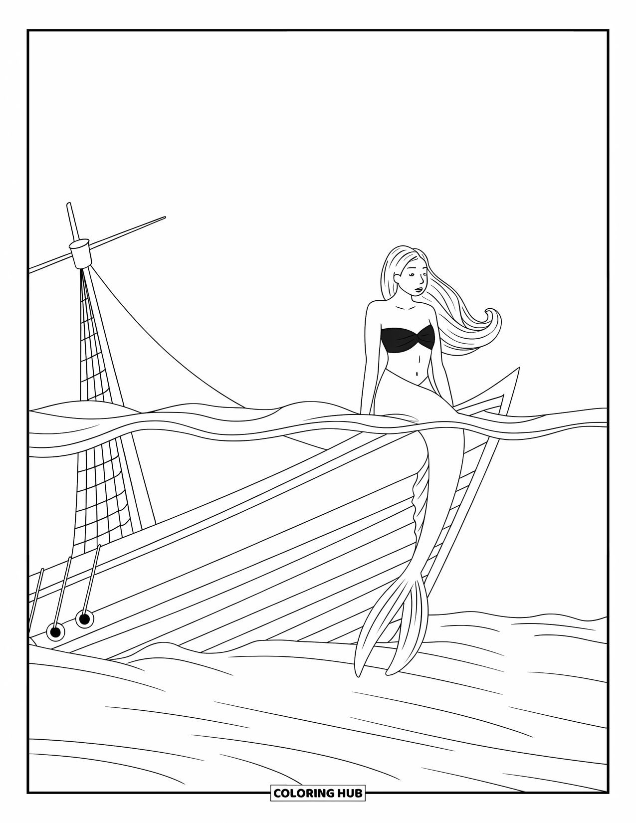 Mermaid Coloring Page for Kids: A mermaid sits on a sunken ship's bow, her tail curled as she looks toward the horizon
