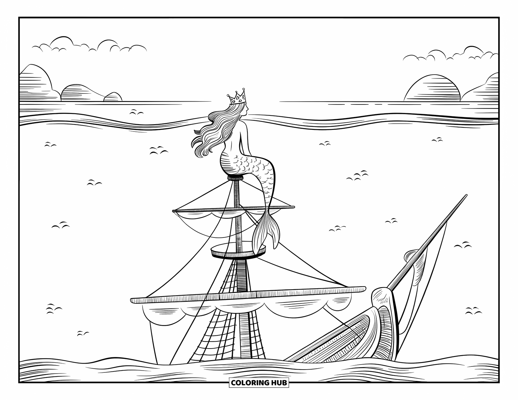 Mermaid Coloring Page for Kids: A mermaid sits on a sunken ship's mast, staring toward the distant ocean surface