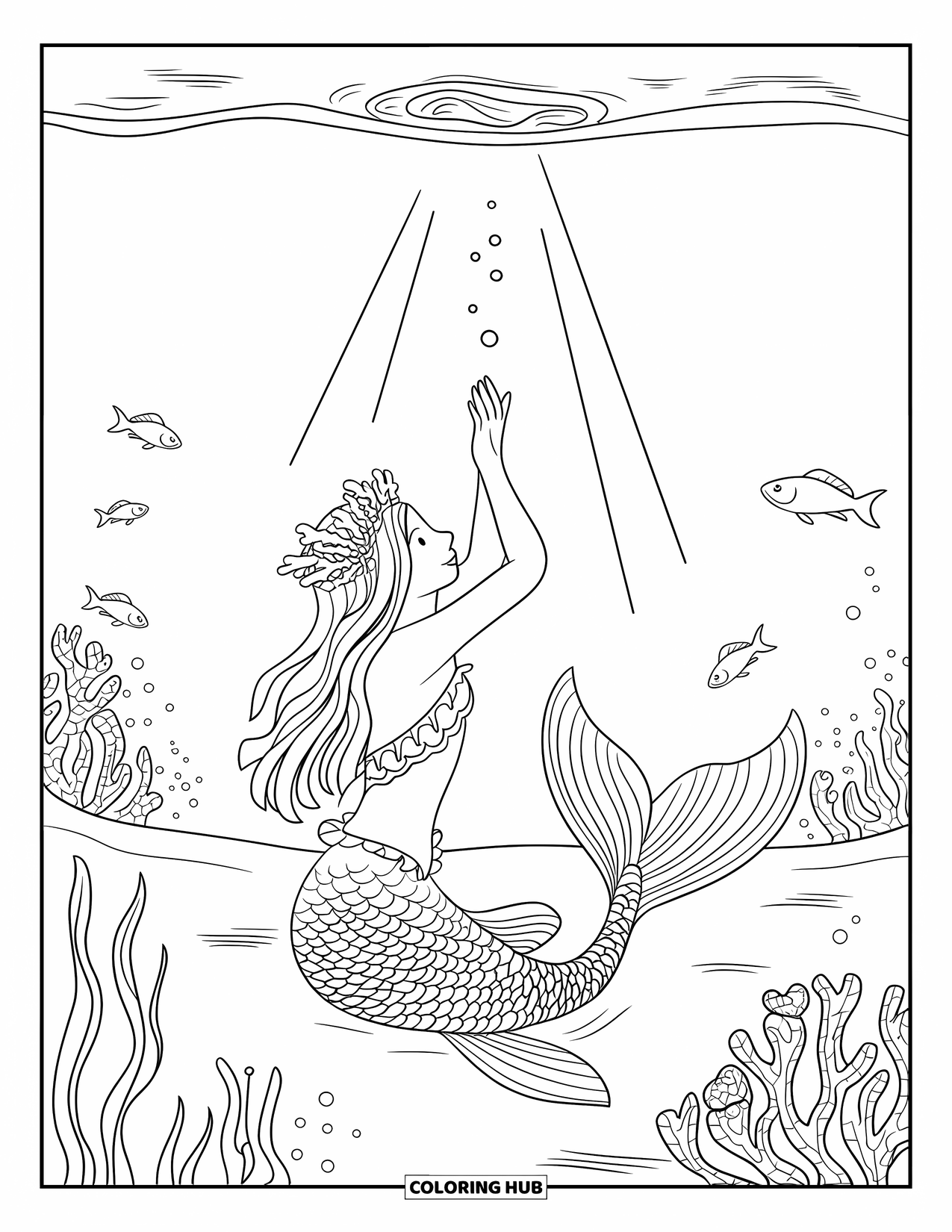 Mermaid Coloring Page for Kids: A mermaid sits on the ocean floor, reaching toward the light shining from above