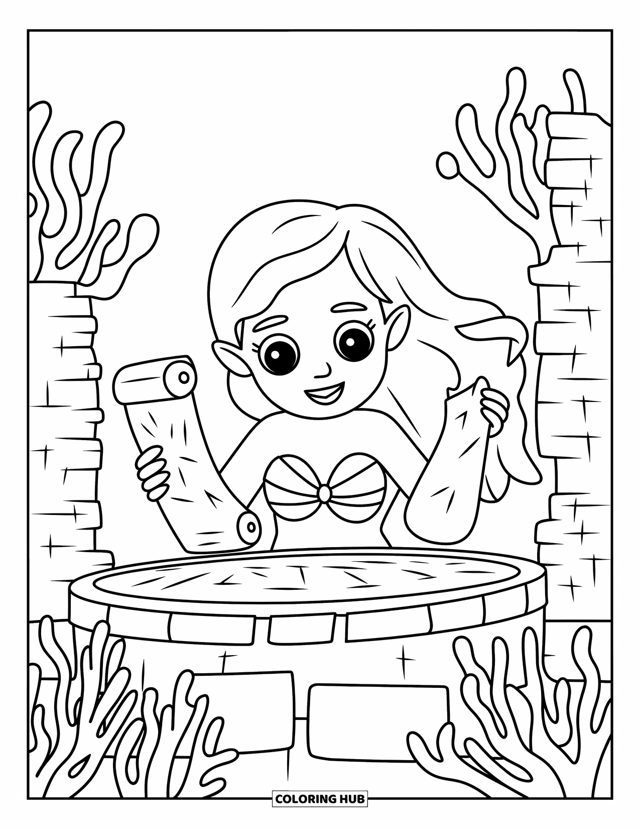 Mermaid Coloring Page for Kids: A mermaid studies an ancient stone tablet, surrounded by coral-covered ruins