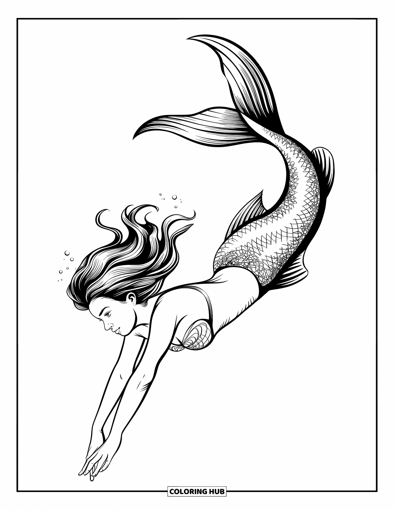 Mermaid Coloring Page for Kids: A mermaid swims gracefully, her flowing hair trailing behind as she moves through the water