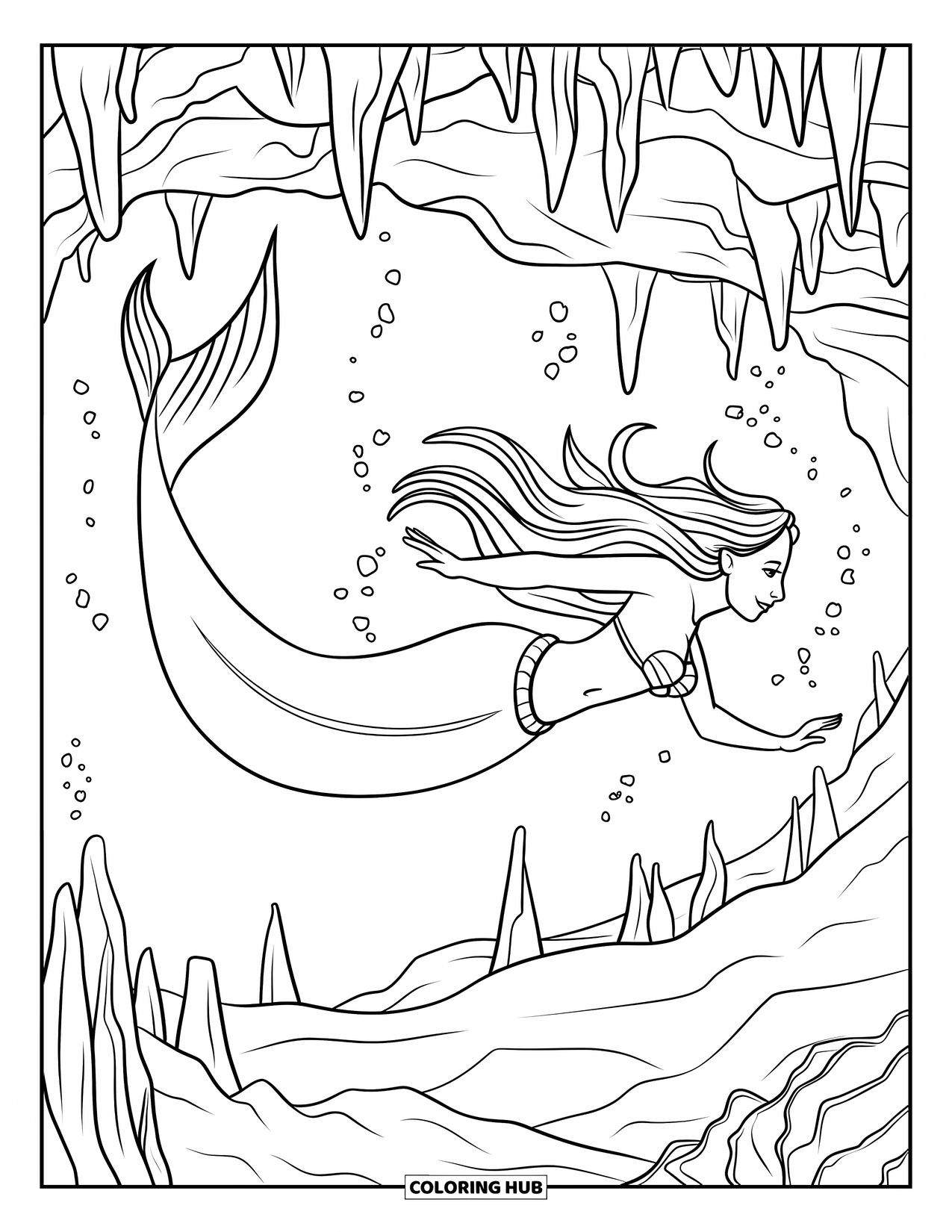 Mermaid Coloring Page for Kids: A mermaid swims through an underwater cave, surrounded by glowing bubbles