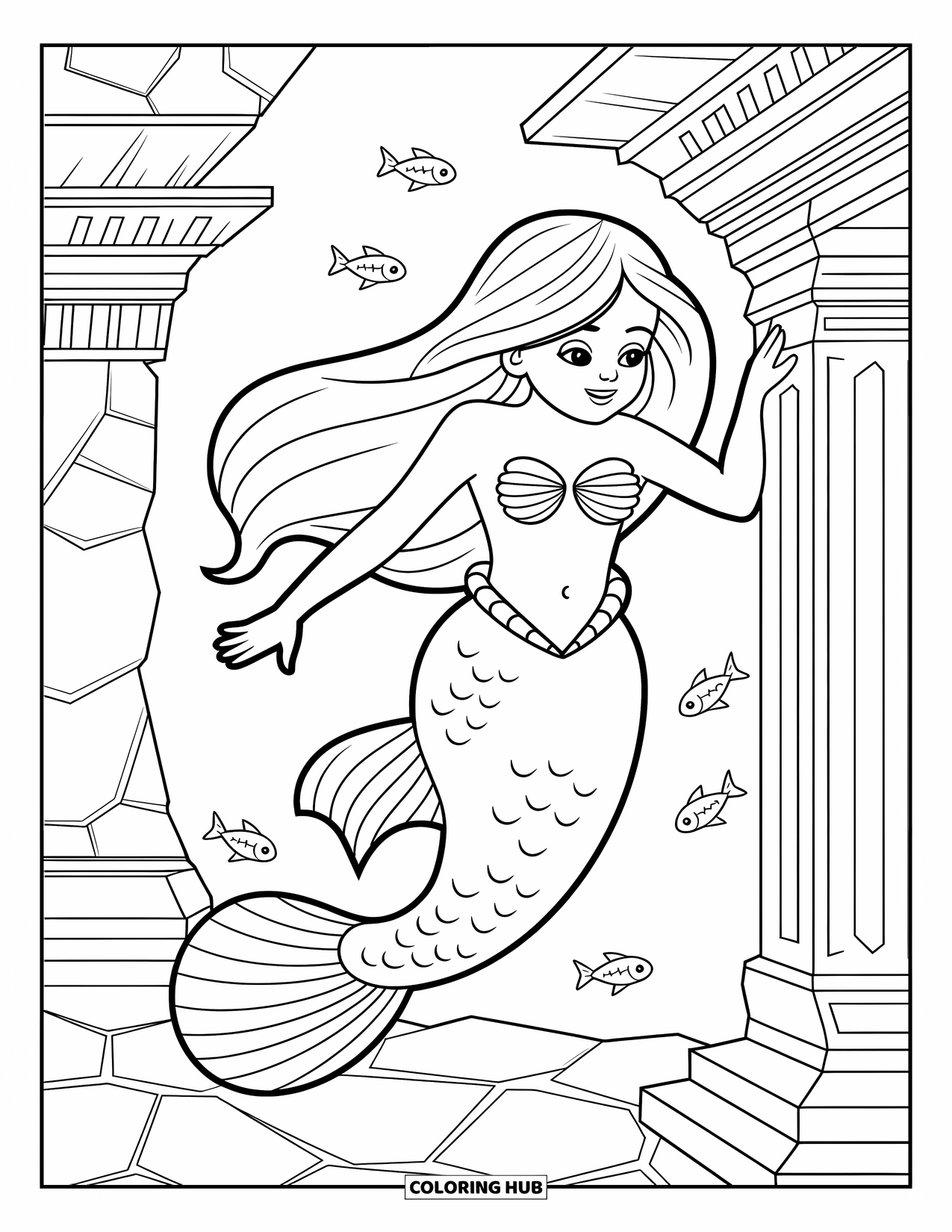 Mermaid Coloring Page for Kids: A mermaid swims through underwater ruins, mesmerized by intricate stone carvings