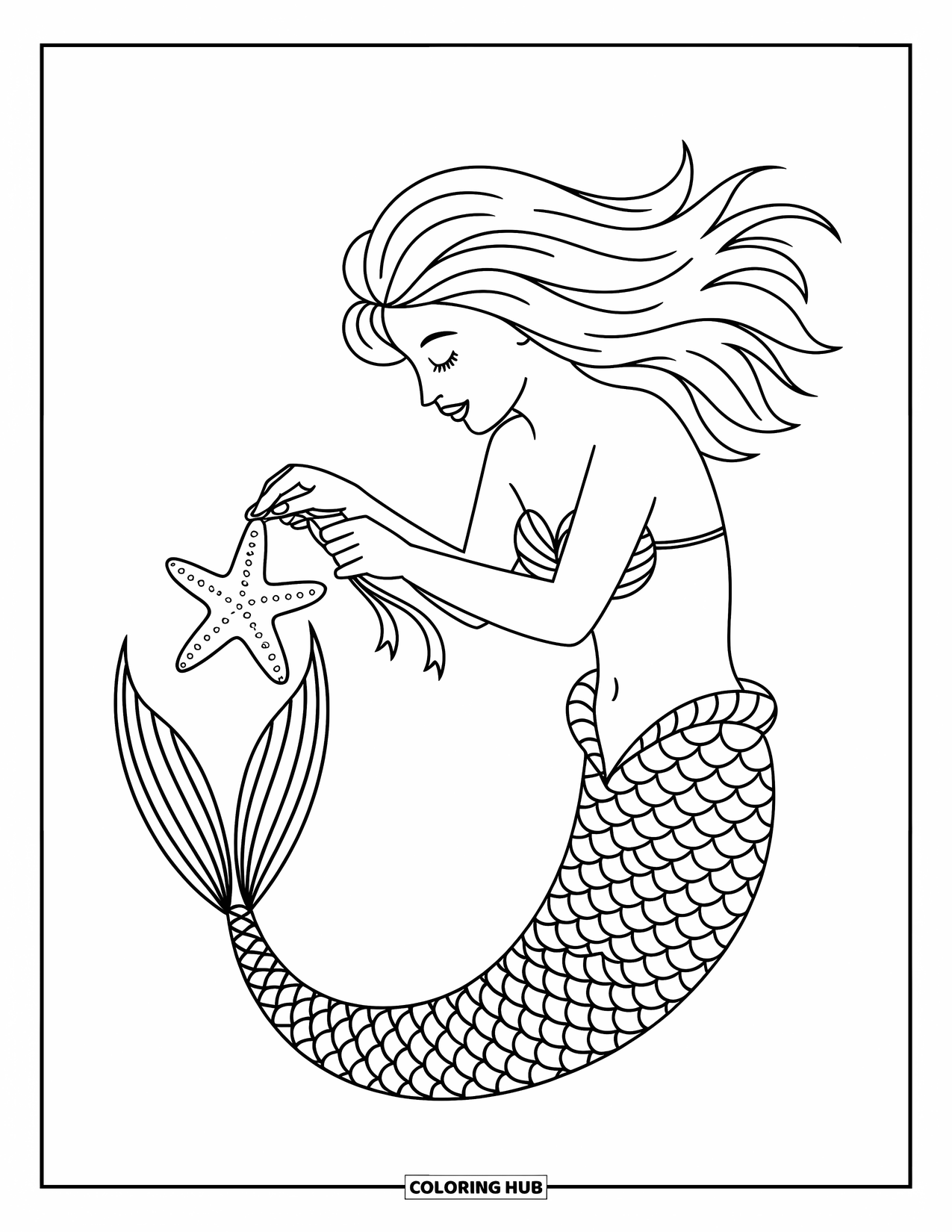 Mermaid Coloring Page for Kids: A mermaid ties a tiny ribbon around a starfish, adding a charming touch to its shape