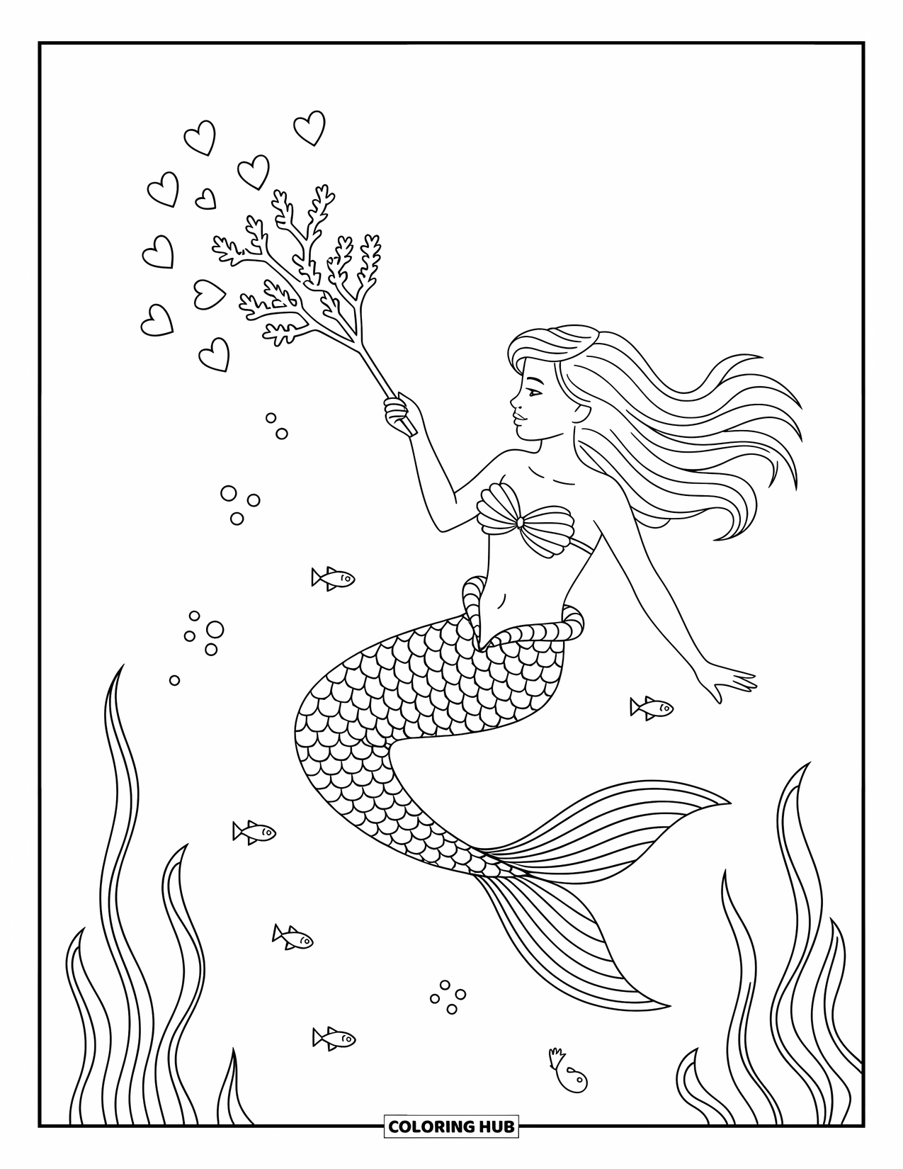 Mermaid Coloring Page for Kids: A mermaid twirls in the water, making heart-shaped bubbles with a coral bubble wand
