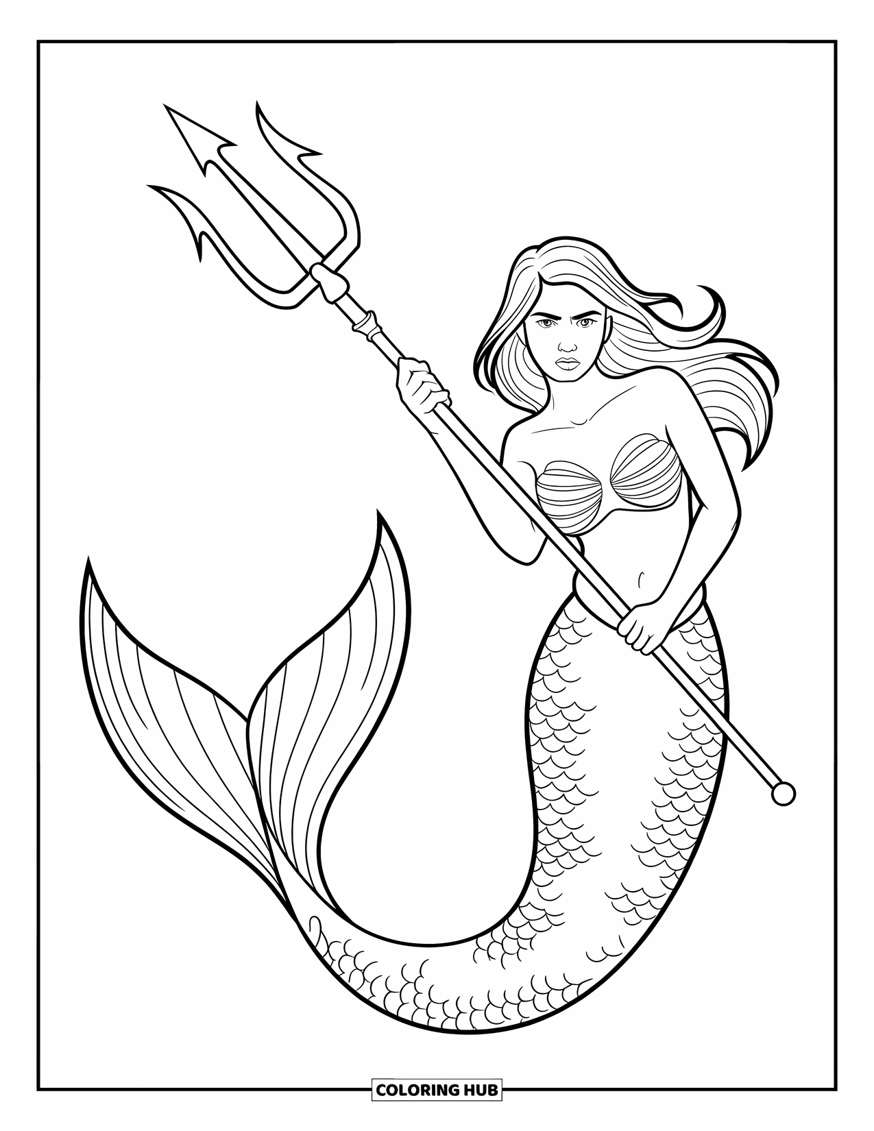 Mermaid Coloring Page for Kids: A mermaid warrior grips a trident, her tail arched as if ready for battle