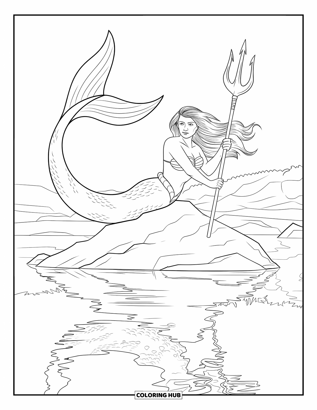 Mermaid Coloring Page for Kids: A mermaid warrior sits on a rock, her reflection shimmering in the calm lake below