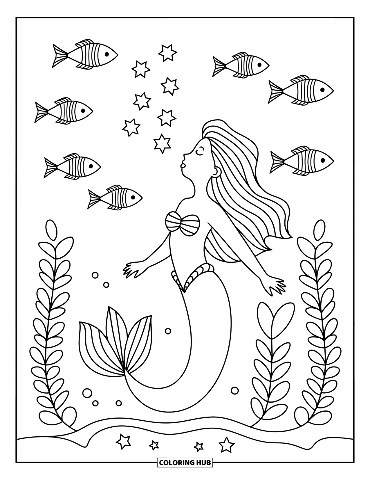 Mermaid Coloring Page for Kids: A mermaid watches her glowing bubbles rise, surrounded by playful sea creatures