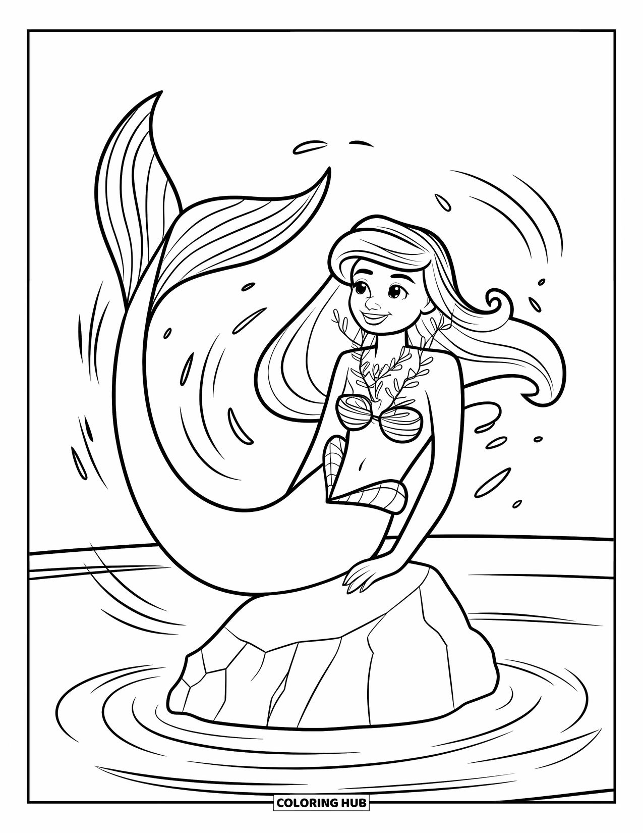 Mermaid Coloring Page for Kids: A mermaid wearing a seaweed necklace flips her tail, making gentle waves in the water