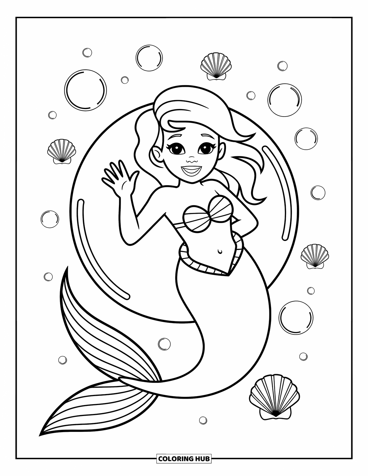 Mermaid Coloring Page for Kids: A mermaid with a cheerful smile waves from inside a floating bubble, surrounded by tiny shells