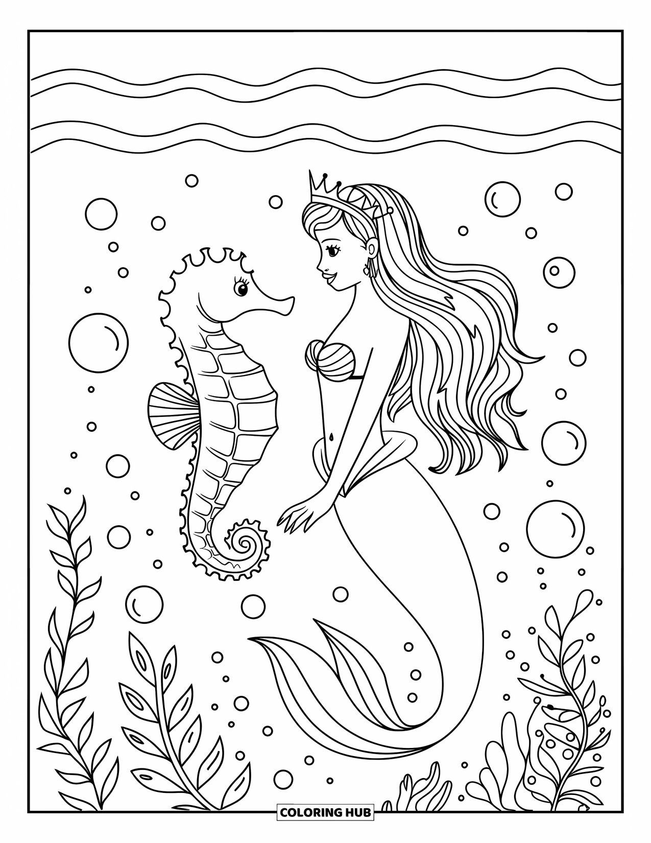 Mermaid Coloring Page for Kids: A mermaid with a crown and a seahorse face each other, surrounded by bubbles and sea plants