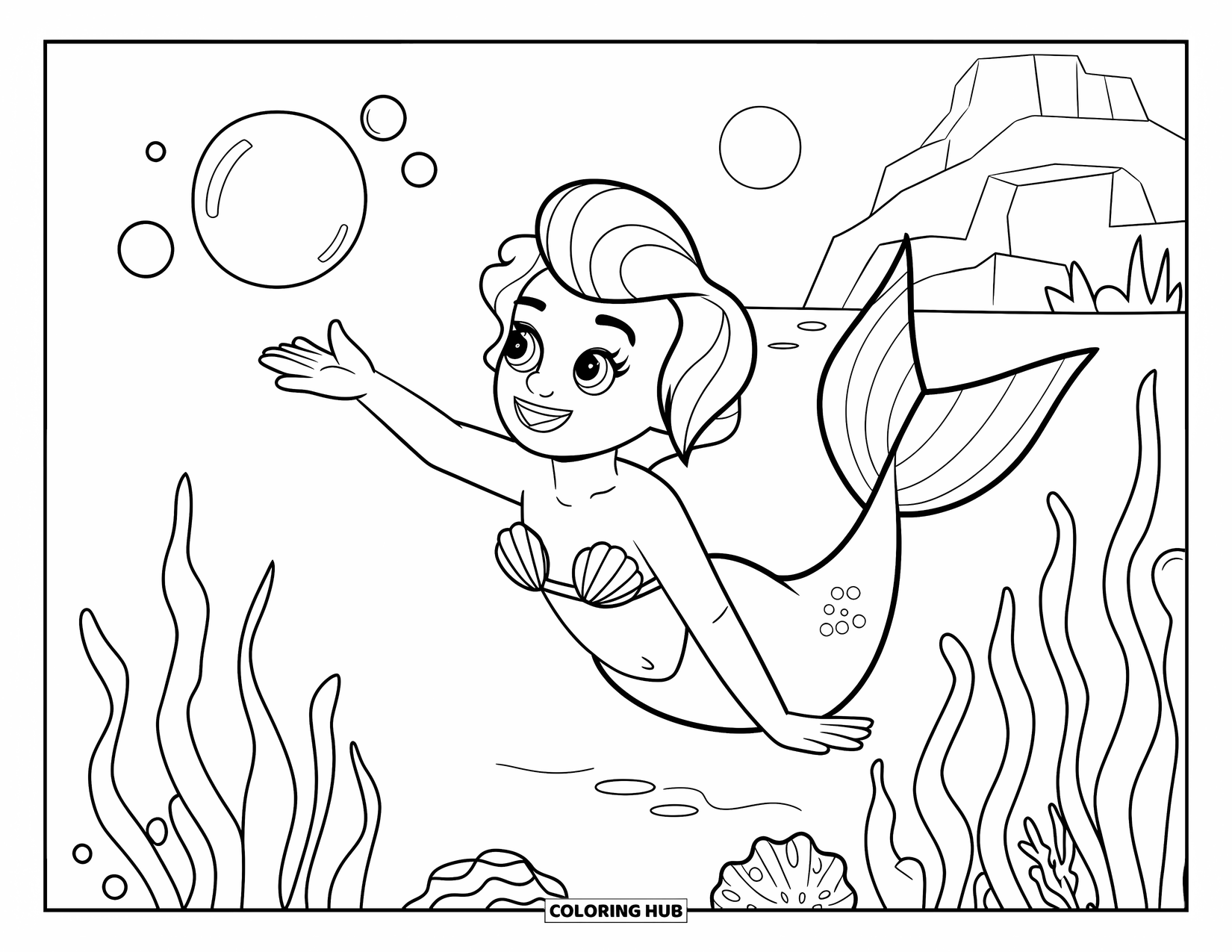 Mermaid Coloring Page for Kids: A mermaid with a seashell bra playfully reaches for a bubble, surrounded by swaying seaweed