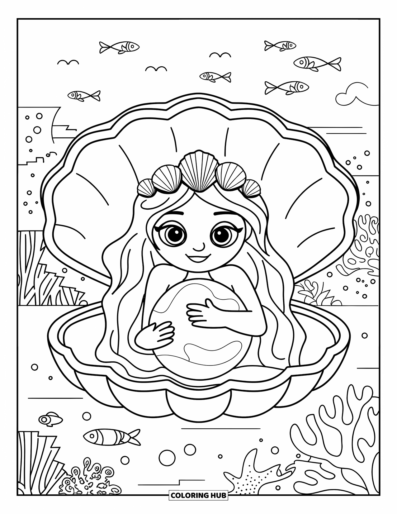 Mermaid Coloring Page for Kids: A mermaid with a seashell crown holds a pearl, surrounded by coral and fish