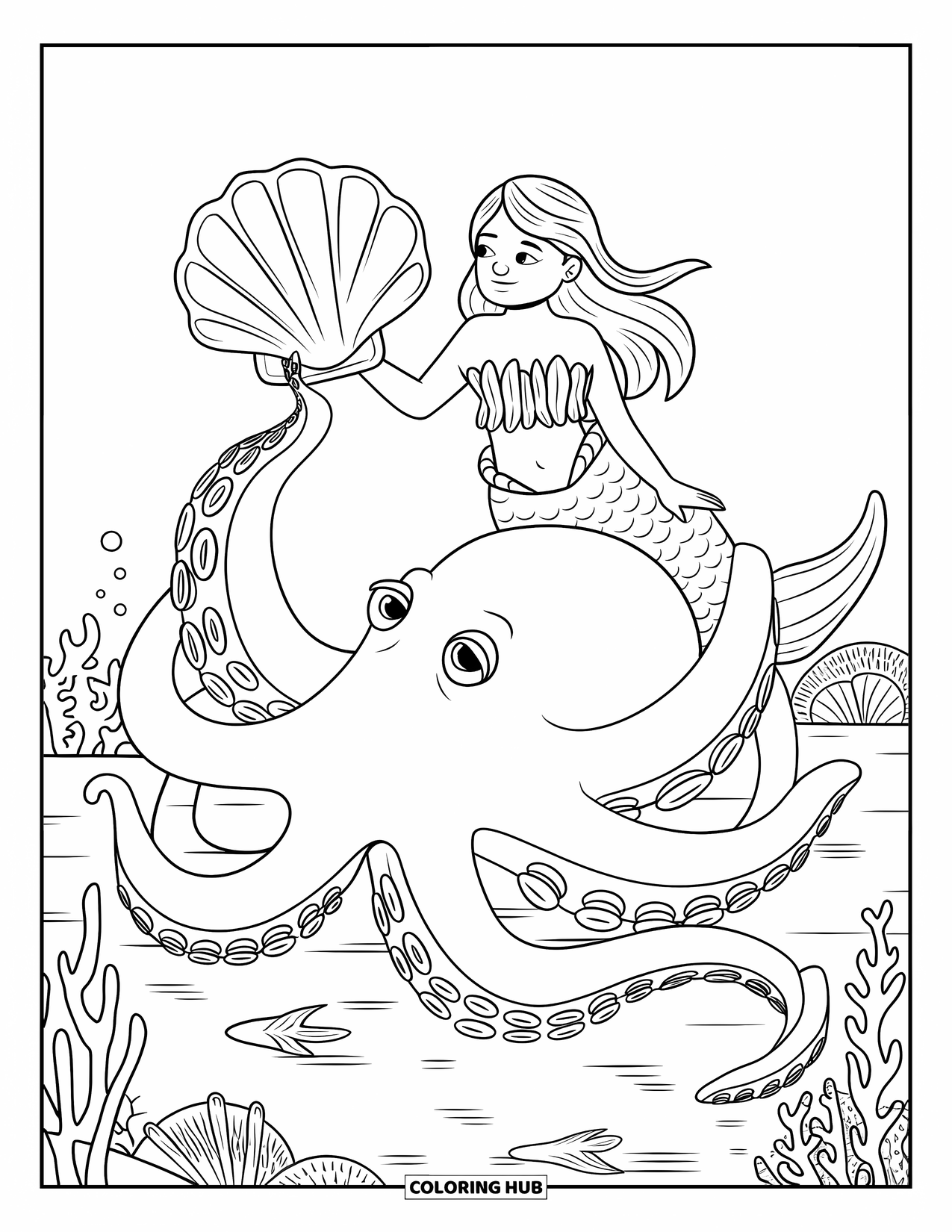 Mermaid Coloring Page for Kids: A mermaid with a seaweed top sits on an octopus's tentacle, surrounded by coral and fish