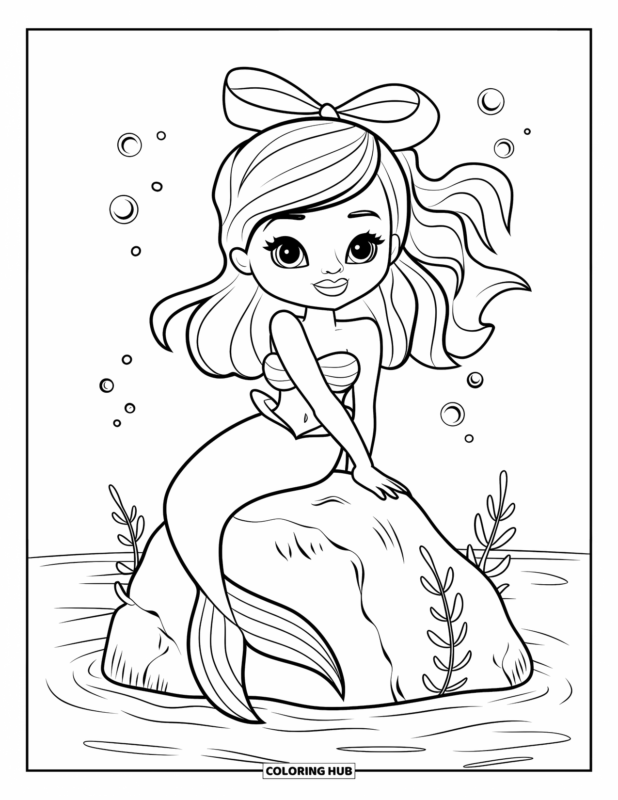 Mermaid Coloring Page for Kids: A mermaid with a sweet smile and expressive eyes sits on a rock, surrounded by bubbles