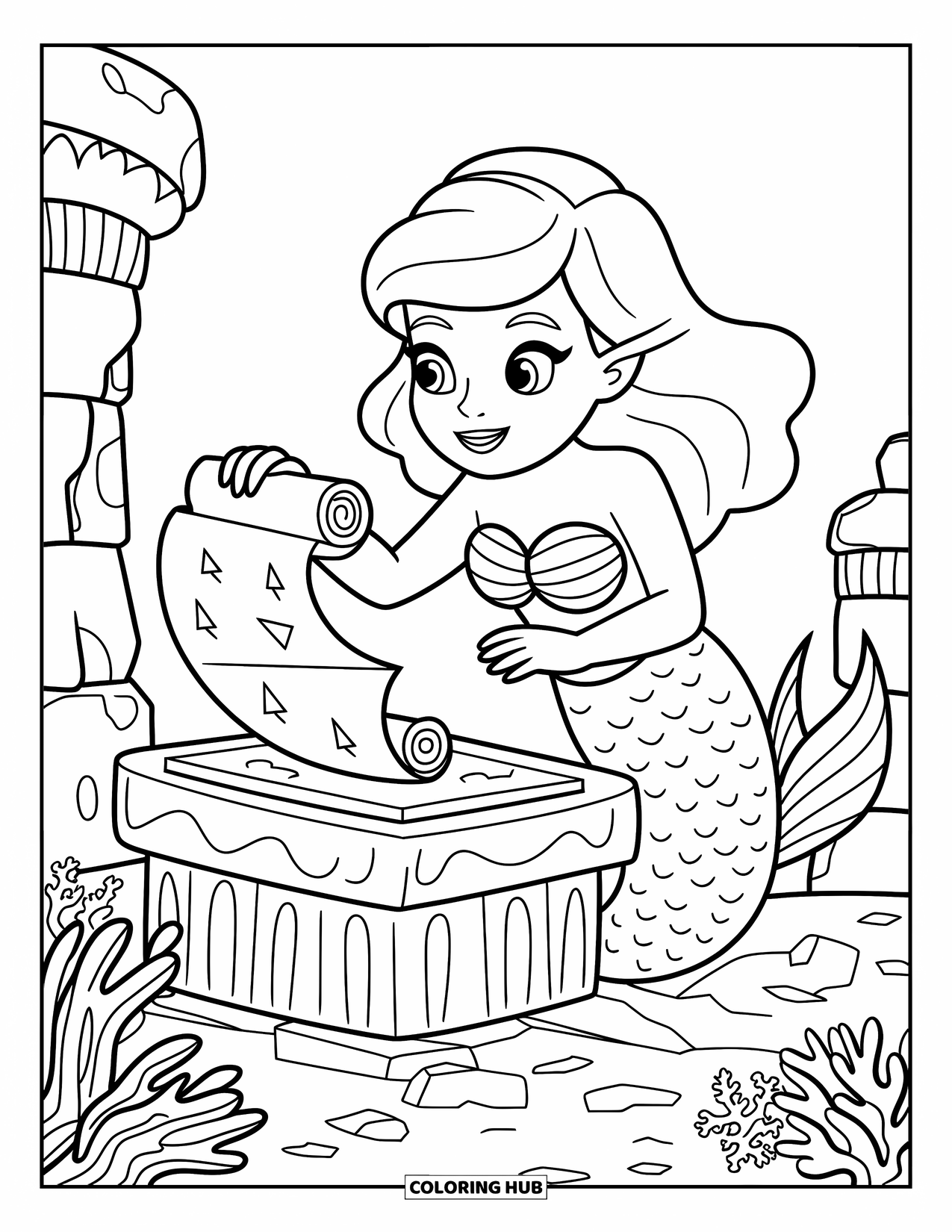 Mermaid Coloring Page for Kids: A mermaid with an adventurous gaze examines a scroll in an ancient underwater ruin