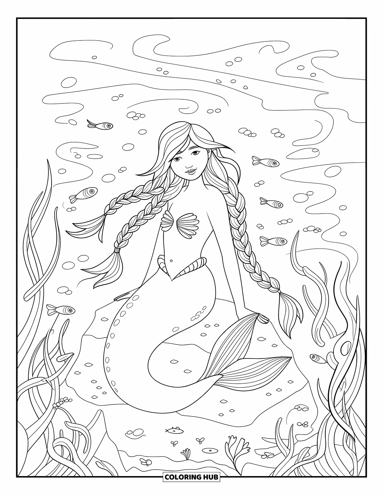 Mermaid Coloring Page for Kids: A mermaid with braided hair sits on a rock, surrounded by rippling water and drifting seaweed