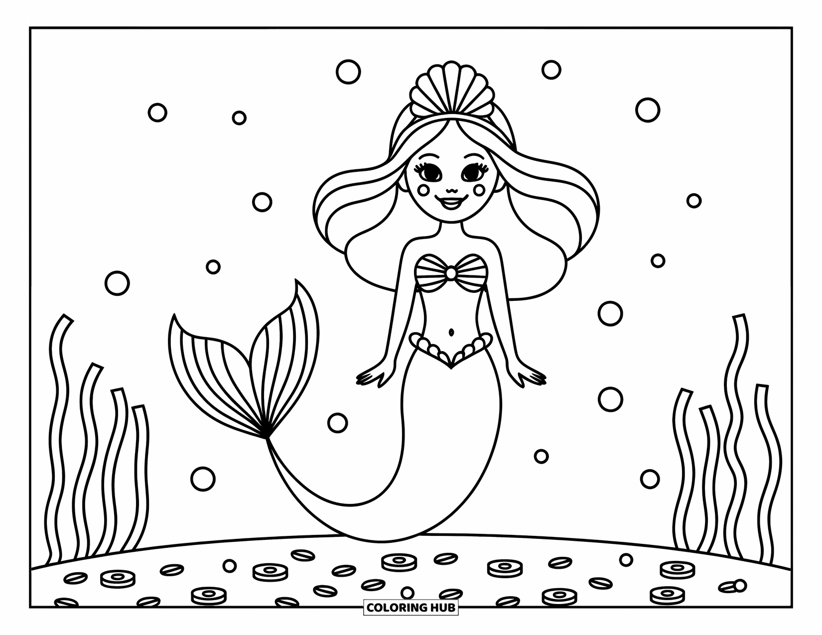Mermaid Coloring Page for Kids: A mermaid with flowing hair admires pearls and coins spread across the seabed