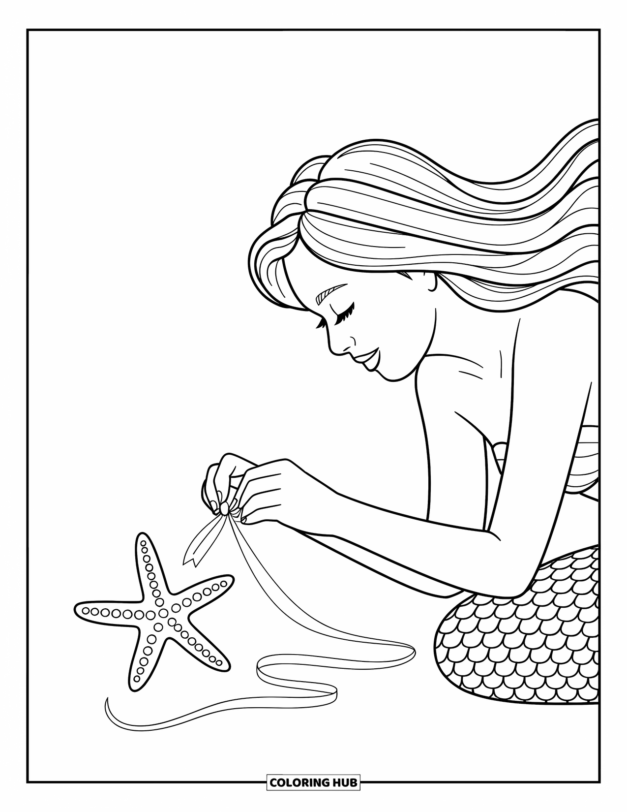 Mermaid Coloring Page for Kids: A mermaid with flowing hair carefully ties a small ribbon around a starfish