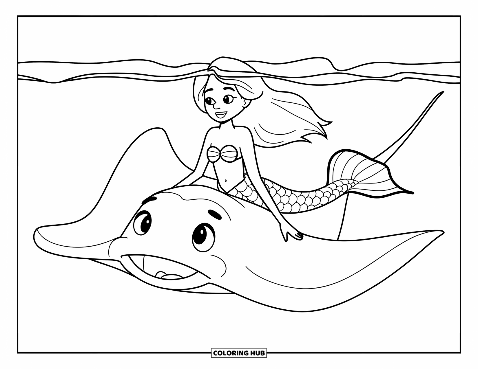 Mermaid Coloring Page for Kids: A mermaid with flowing hair drifts on a manta ray, surrounded by calm ocean waters