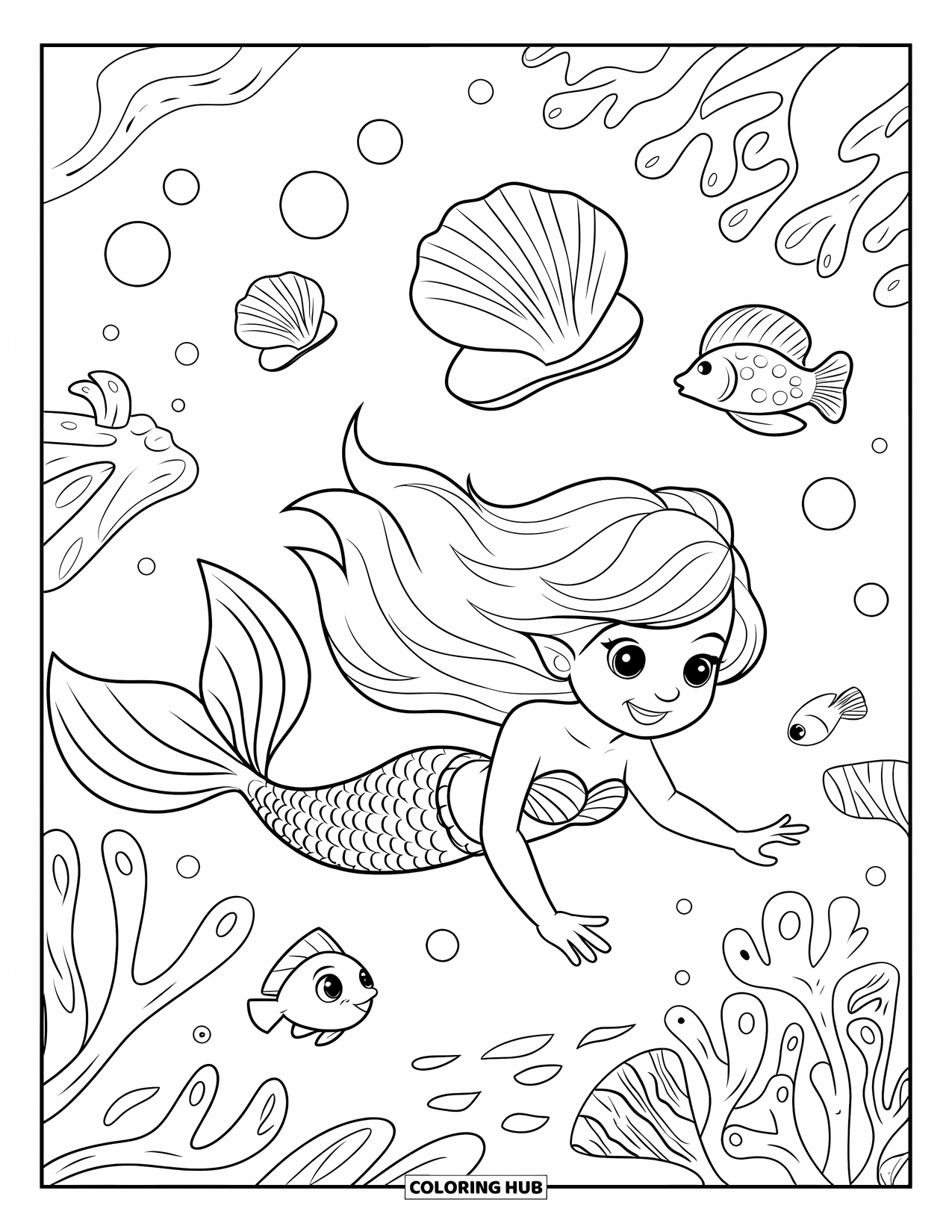 Mermaid Coloring Page for Kids: A mermaid with flowing hair drifts through coral and seashells, with a tiny fish following