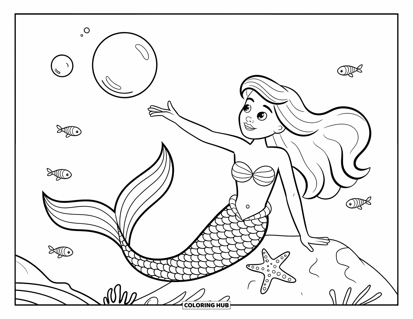 Mermaid Coloring Page for Kids: A mermaid with flowing hair reaches for a bubble, with a starfish resting nearby