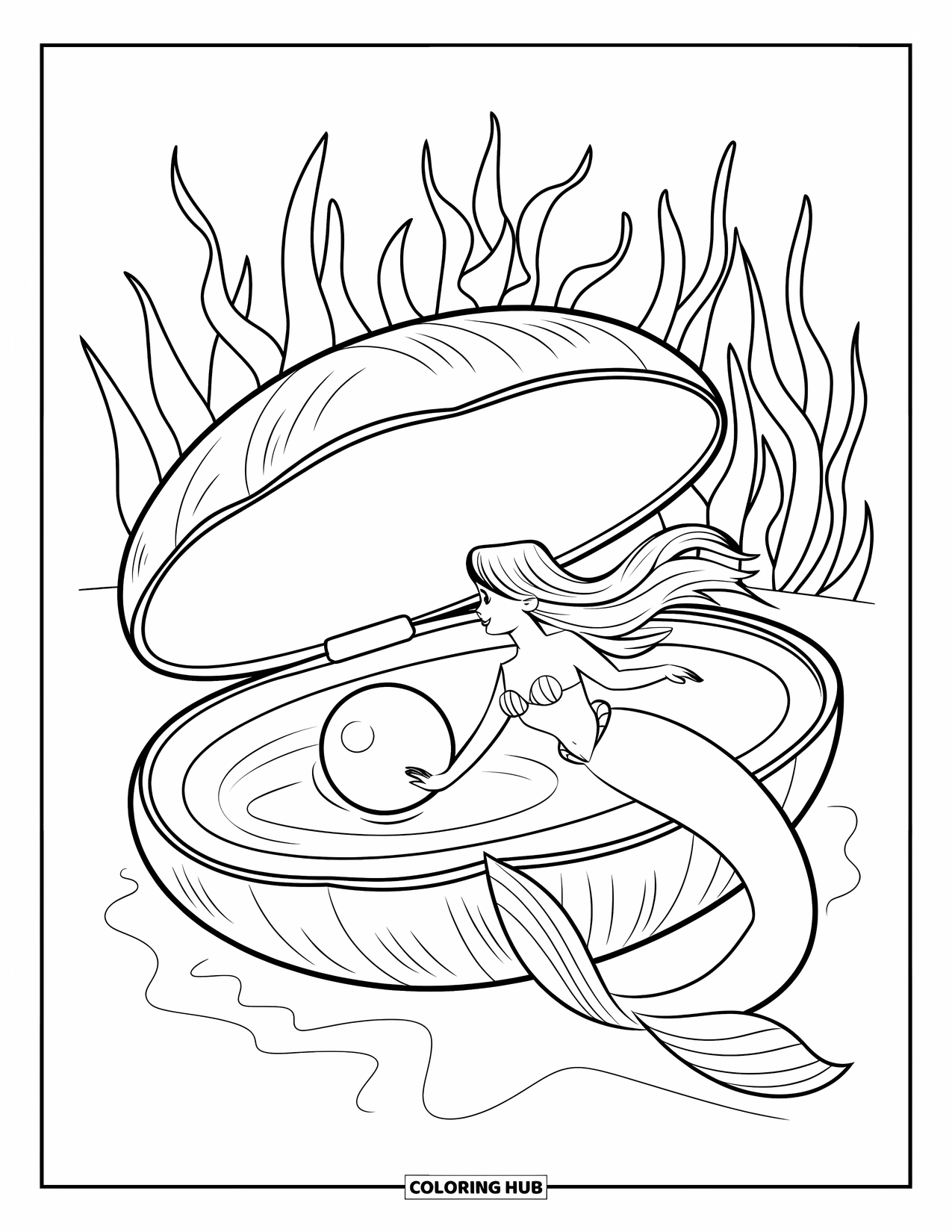 Mermaid Coloring Page for Kids: A mermaid with flowing hair swims near a clamshell, mesmerized by its glowing pearl