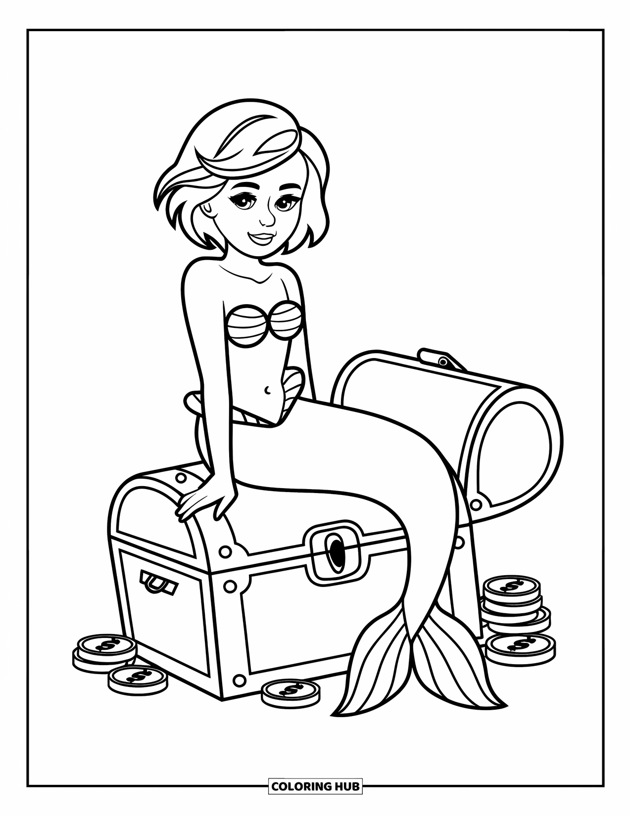 Mermaid Coloring Page for Kids: A mermaid with short hair sits on a treasure chest, with scattered coins around her