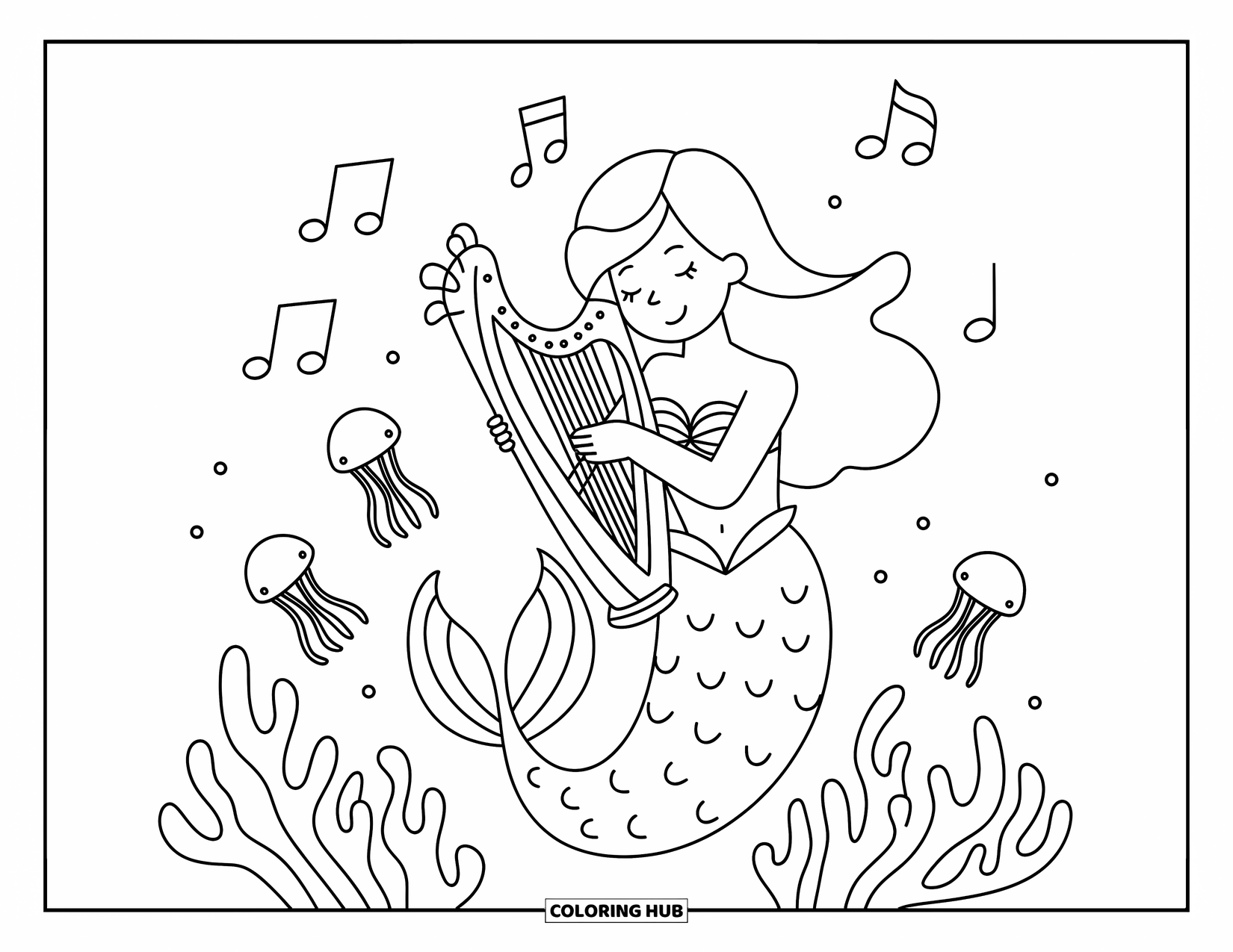 Mermaid Coloring Page for Kids: A mermaid wraps her tail around a harp, creating music as jellyfish float nearby