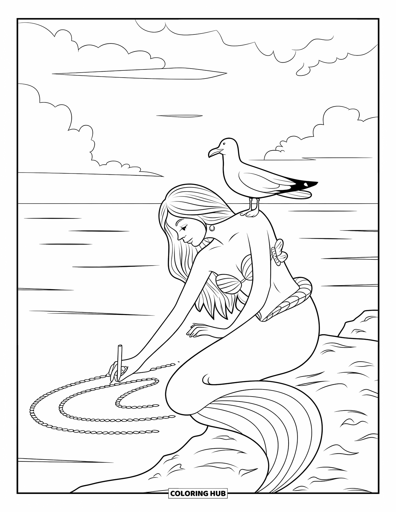 Mermaid Coloring Page for Kids: A mermaid writes in the sand with her fingertip as a seagull watches nearby