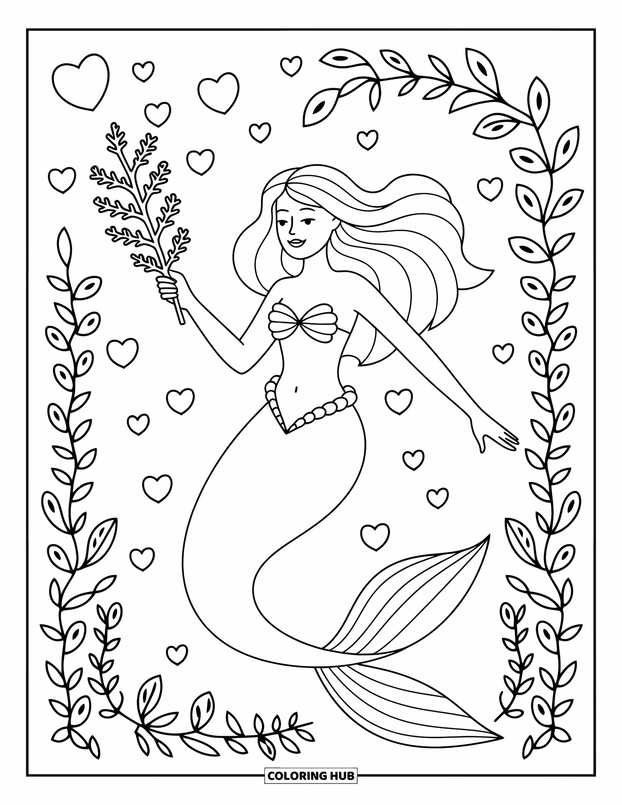 Mermaid Coloring Page for Kids: A playful mermaid floats as she creates heart-shaped bubbles with her coral wand