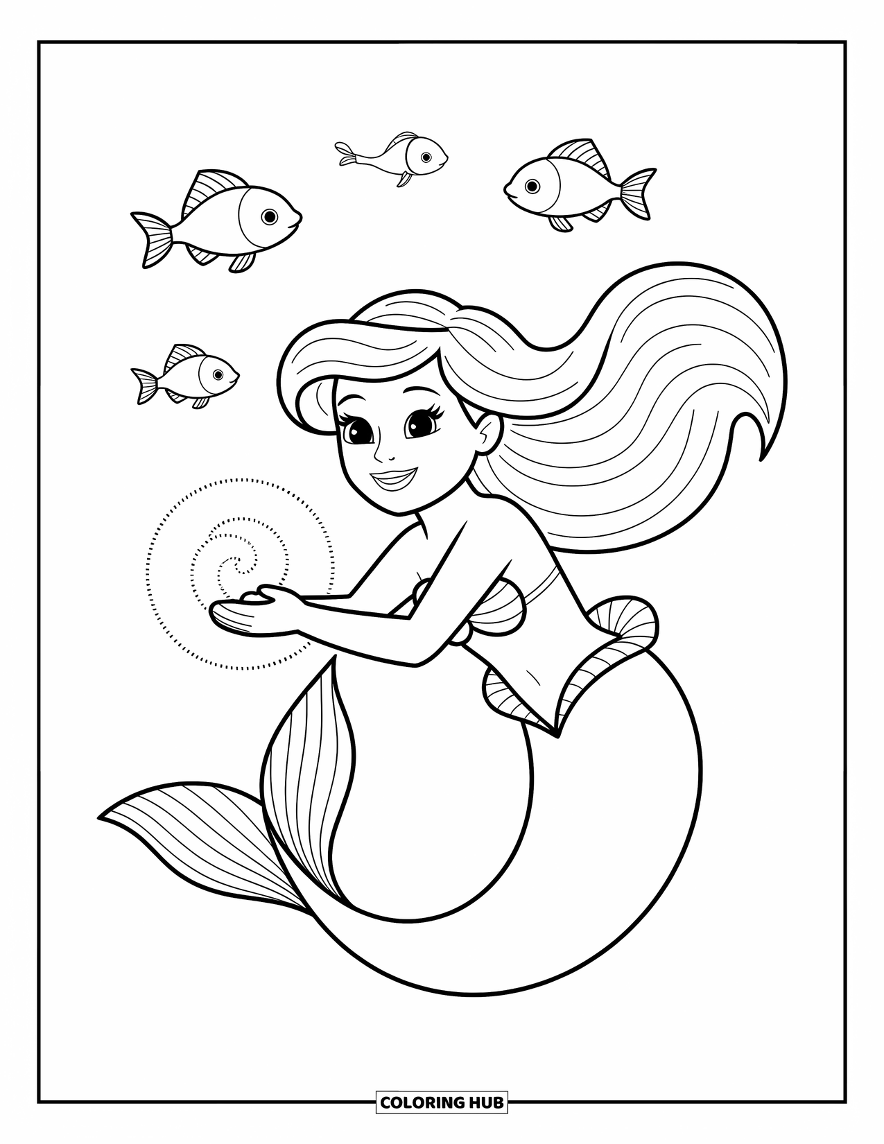 Mermaid Coloring Page for Kids: A playful mermaid swirls a tiny whirlpool in her hands as fish watch in awe