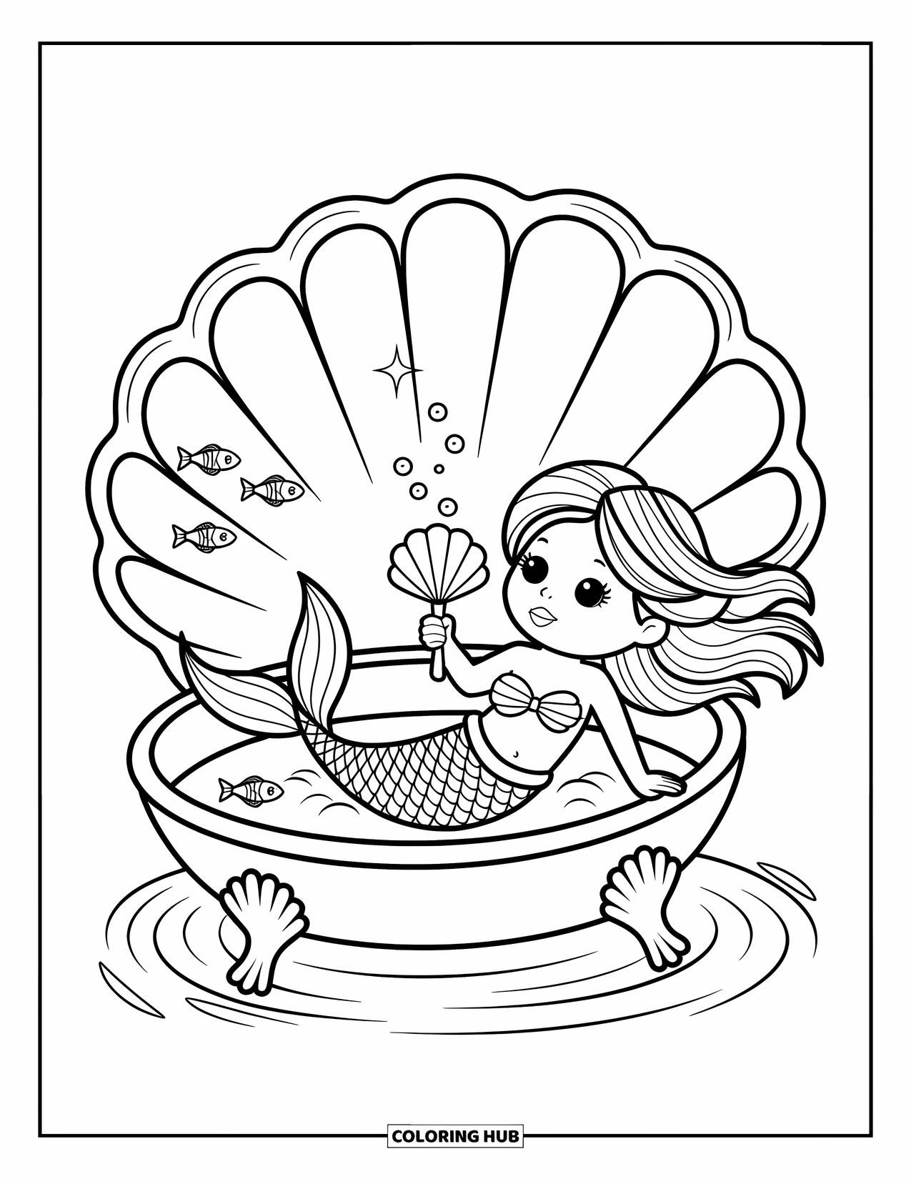 Mermaid Coloring Page for Kids: A small mermaid floats inside a seashell tub, playfully blowing bubbles as fish watch