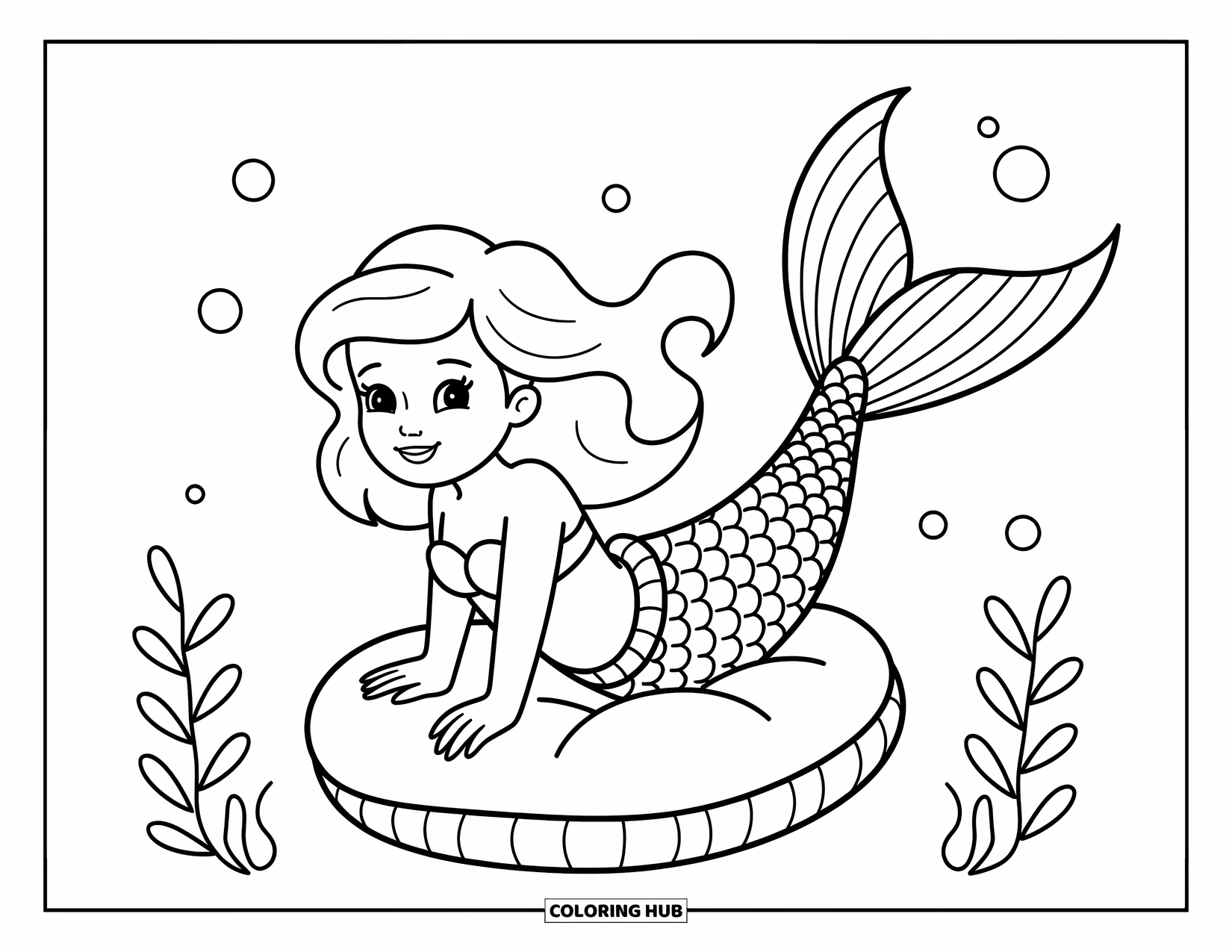 Mermaid Coloring Page for Kids: A young mermaid bounces on a soft sea sponge, her tail curled happily beneath her