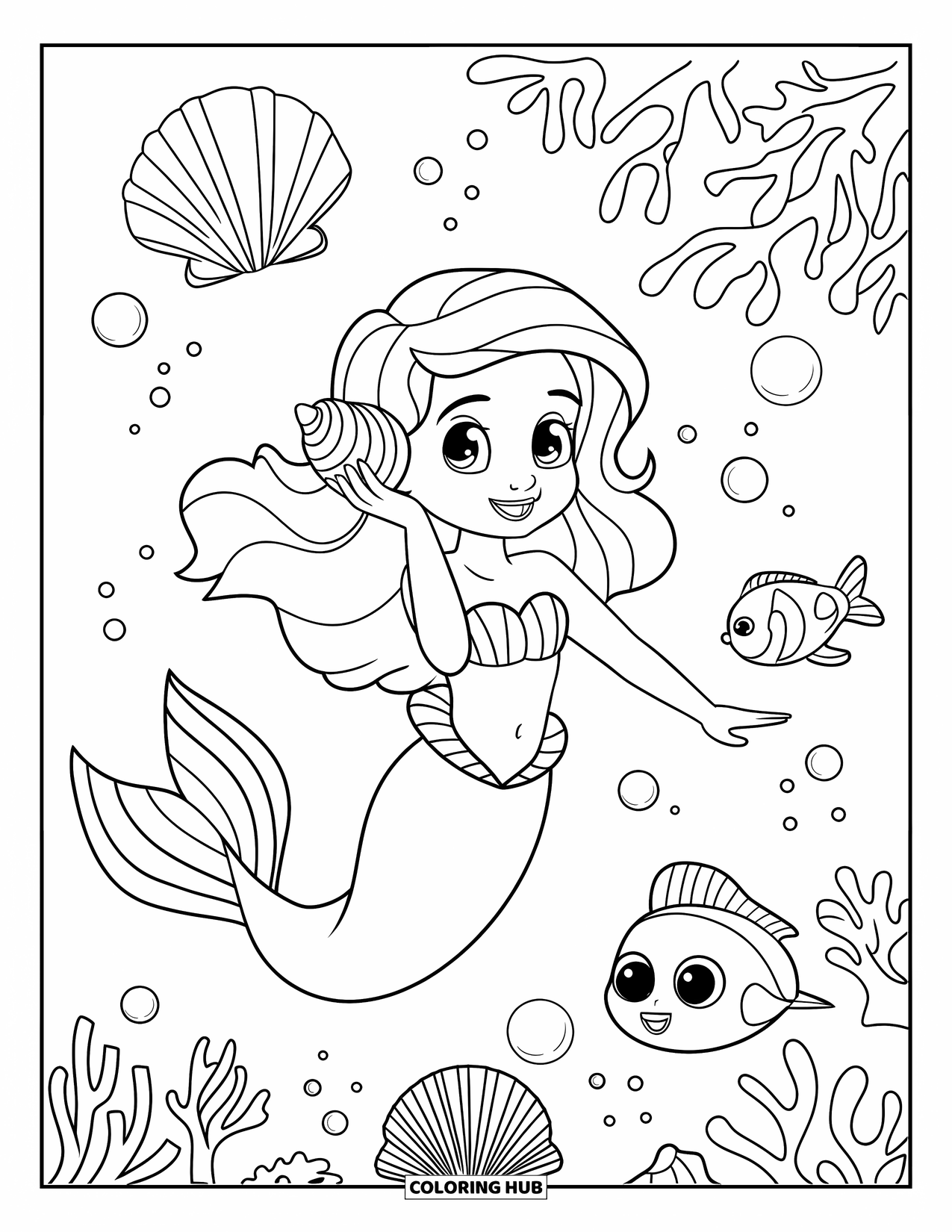 Mermaid Coloring Page for Kids: A young mermaid swims through coral and seashells, holding a shell to her ear