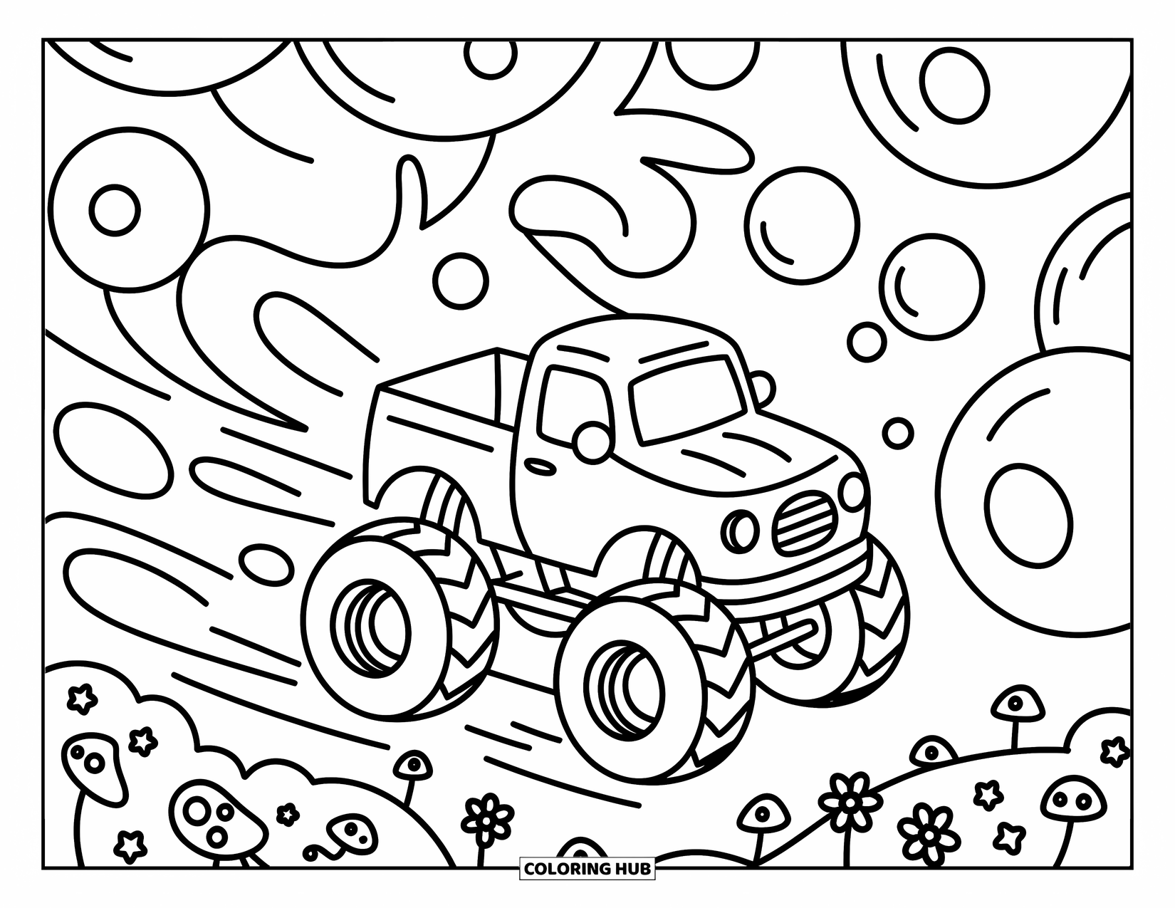 Desenho de caminhão monstro para colorir para adultos: Um caminhão monstro borbulhante derrapa através de bolhas flutuantes, deixando rastros ondulados e divertidos para trás