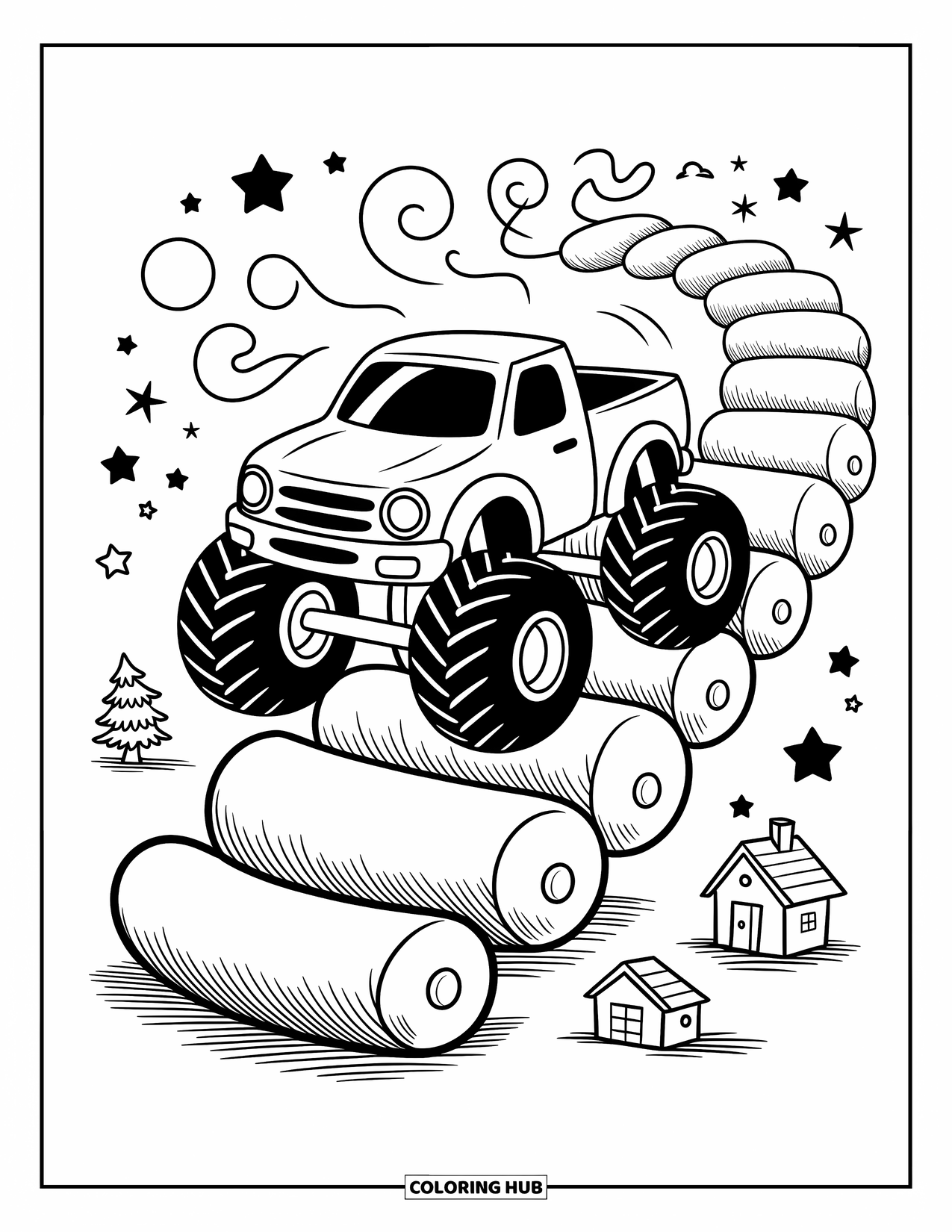 Desenho de caminhão monstro para colorir para adultos: Um caminhão monstro borbulhante acelera alegremente por um caminho de marshmallow, deixando rastros macios e fofos para trás