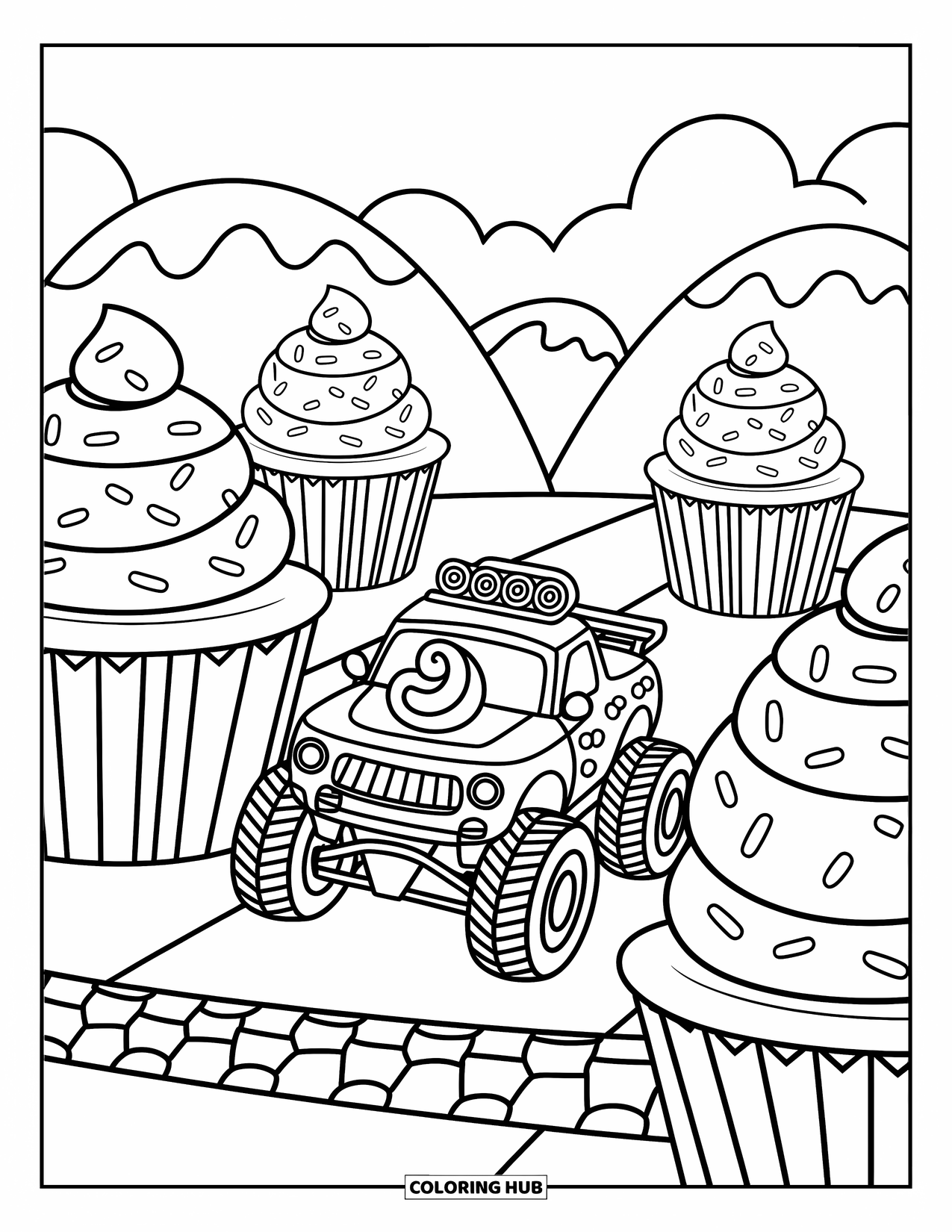 Desenho de caminhão monstro para colorir para adultos: Um caminhão monstro borbulhante corre por uma pista cheia de cupcakes, cercado por granulados e decorações doces