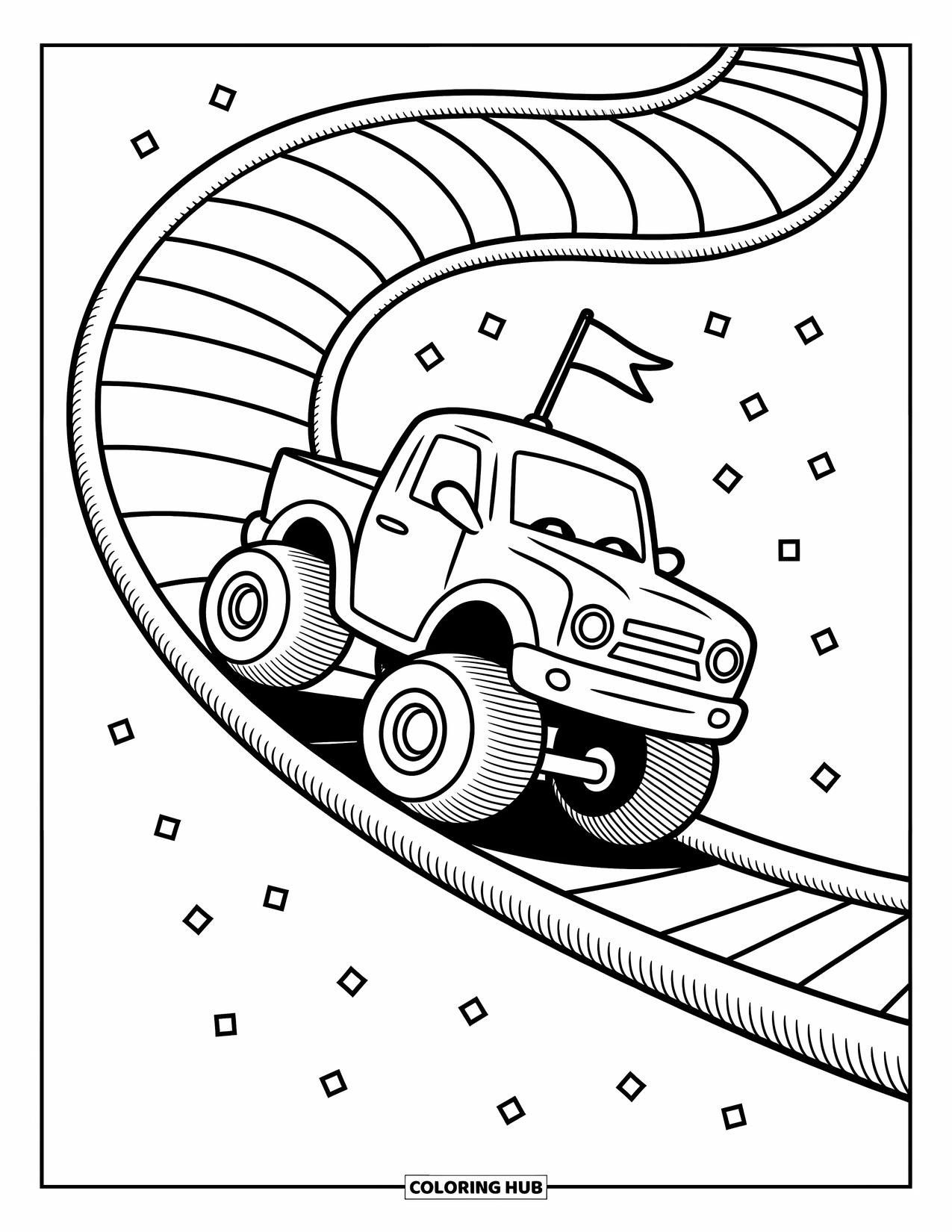 Desenho de caminhão monstro para colorir para adultos: Um caminhão monstro borbulhante com uma pequena bandeira desliza por um escorregador curvo em forma de espiral