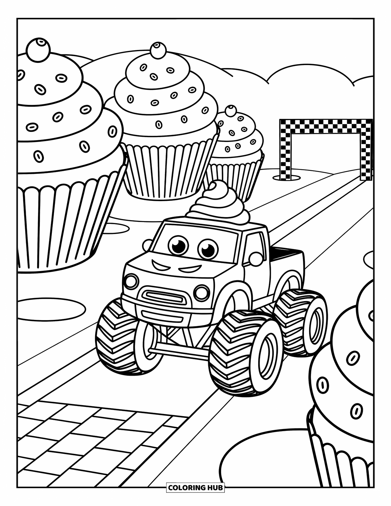 Desenho de caminhão monstro para colorir para adultos: Um caminhão monstro alegre passa correndo por colinas cobertas de glacê, indo em direção a uma linha de chegada de bengala doce