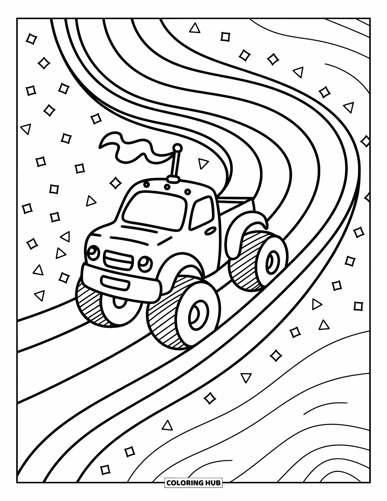 Desenho de caminhão monstro para colorir para adultos: Um caminhão monstro alegre com uma bandeira acenando desliza por um escorregador espiral macio e sinuoso