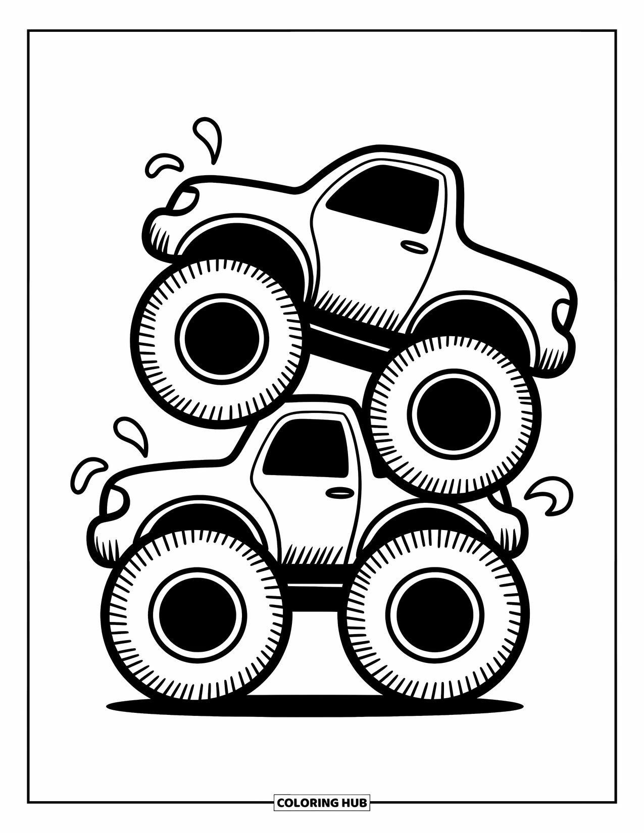 Desenho de caminhão monstro para colorir para adultos: Um caminhão monstro gordinho constrói uma torre instável de pneus, cercado por pequenas nuvens flutuantes